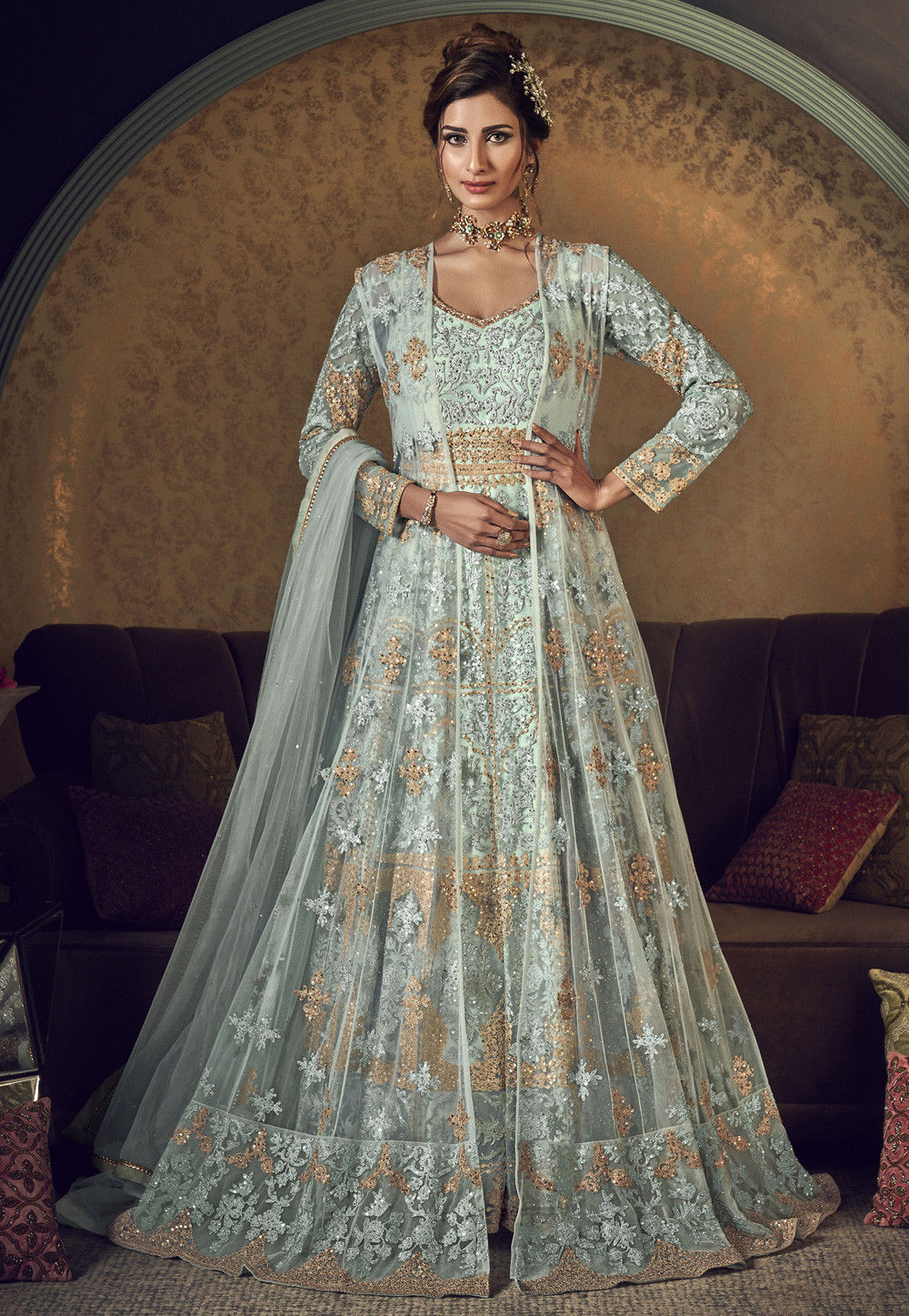 Embroidered Net Abaya Style Suit in Sea Green : KCH5172