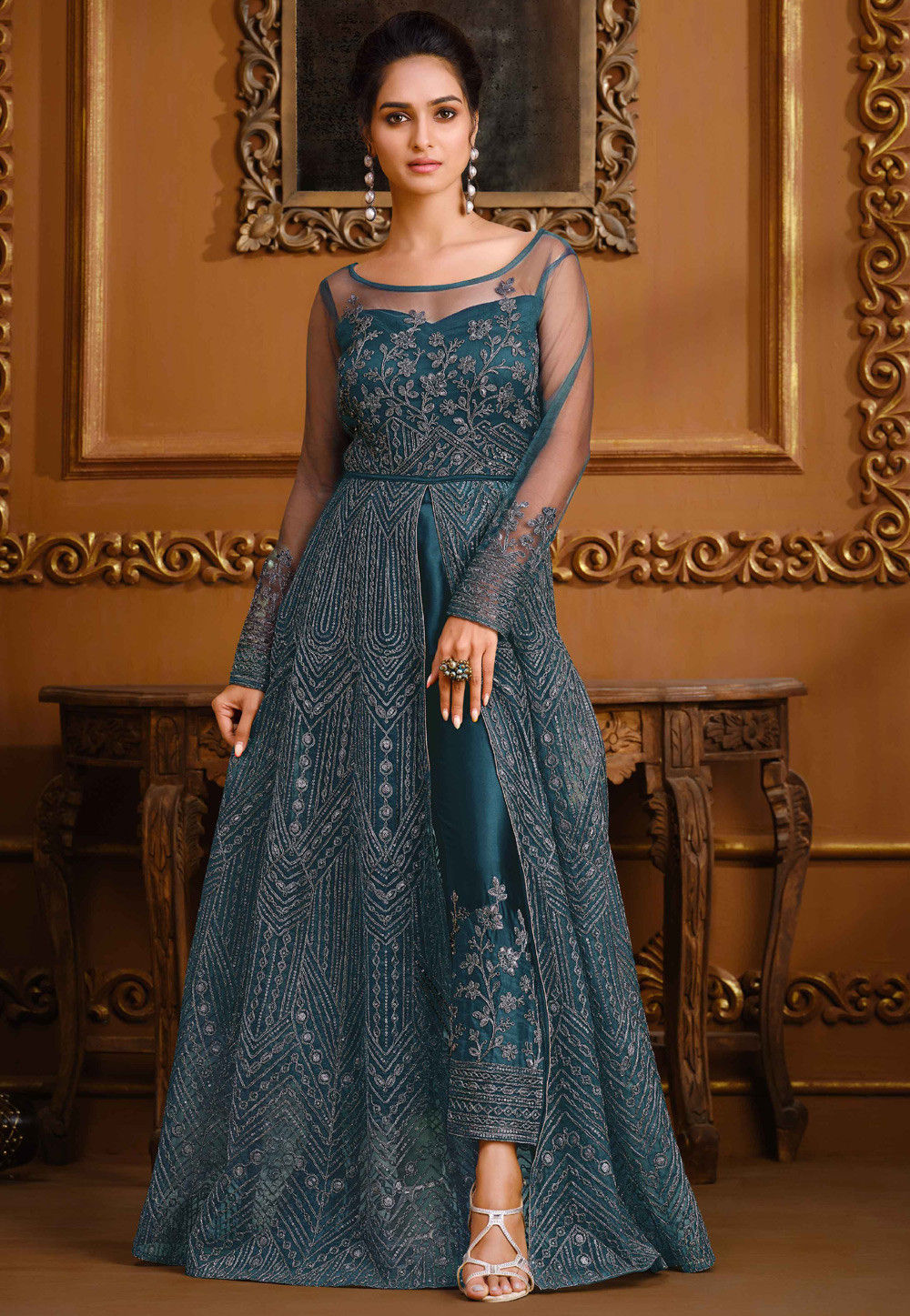 Embroidered Net Abaya Style Suit in Teal Blue : KCH7792