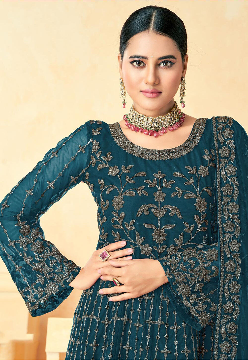 Embroidered Net Abaya Style Suit in Teal Blue : KJC2280