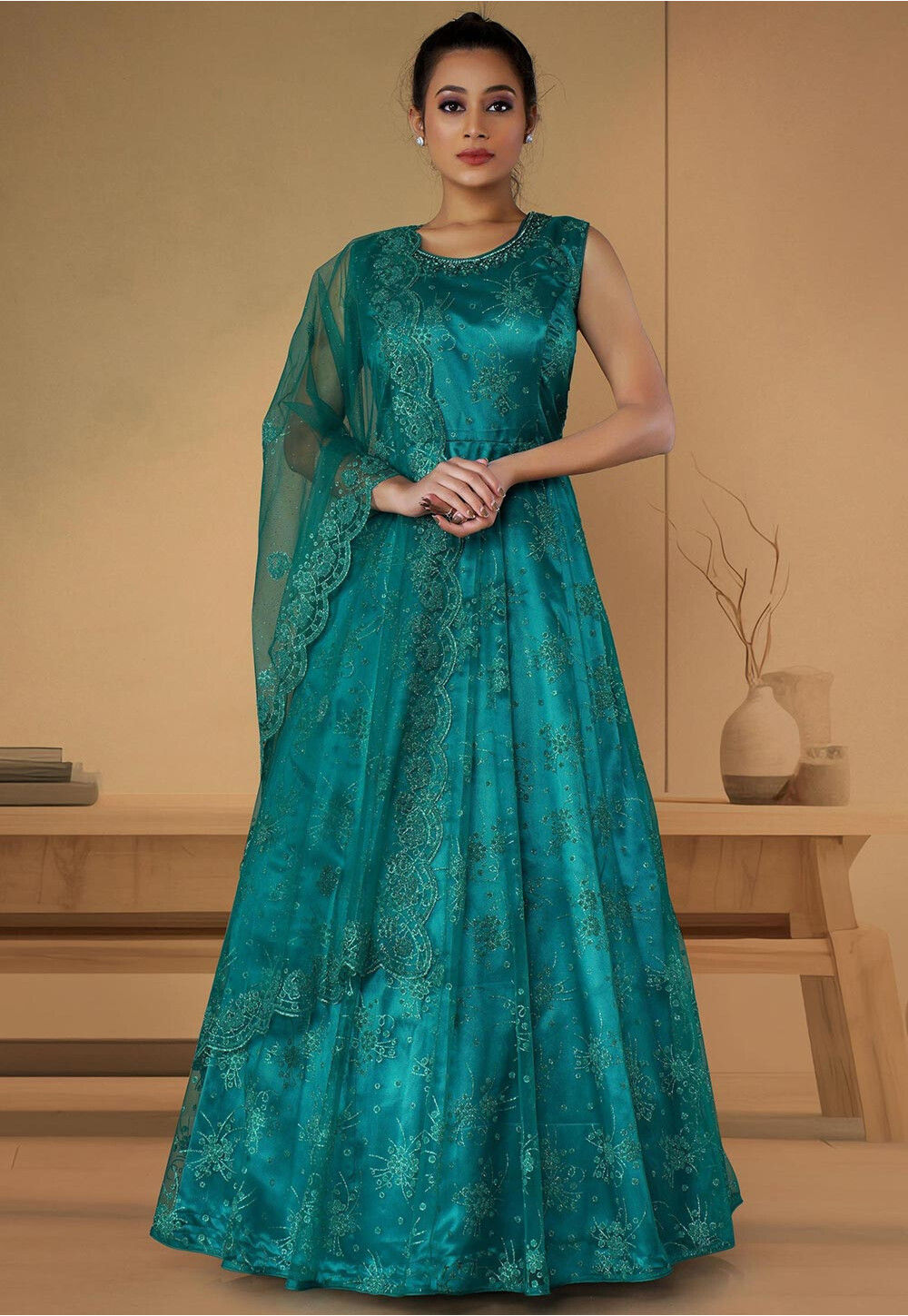 Buy Embroidered Net Abaya Style Suit In Teal Green Online Kej1445 Utsav Fashion 6358