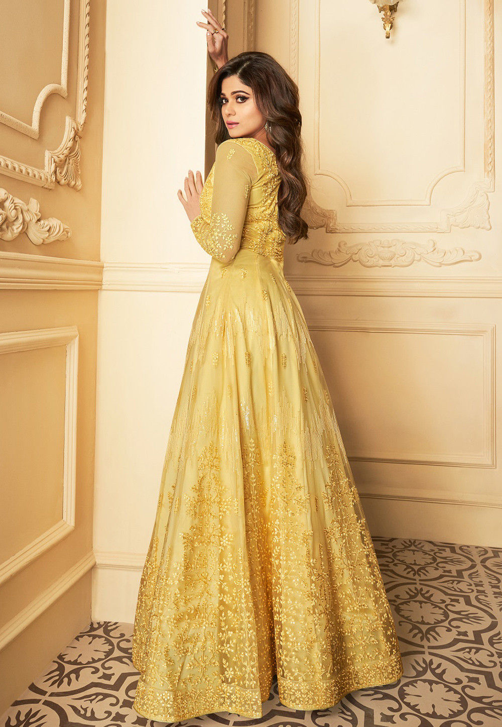 Buy Embroidered Net Abaya Style Suit In Yellow Online Kch5500 Utsav Fashion 7893