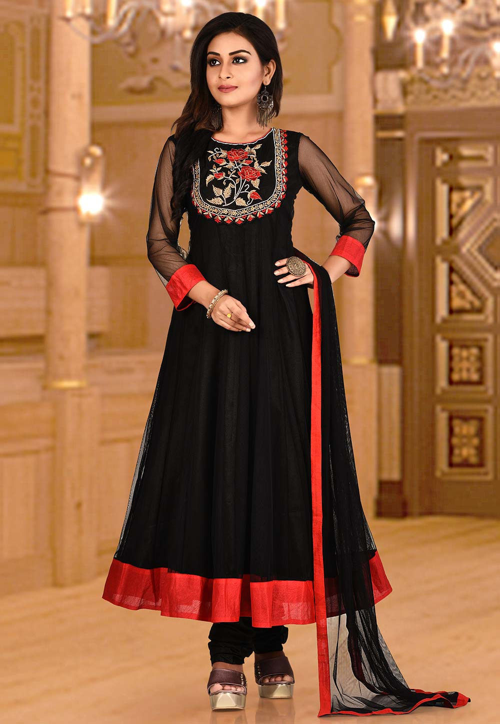 Buy Embroidered Net Anarkali Suit in Black Online : KBX39 - Utsav Fashion