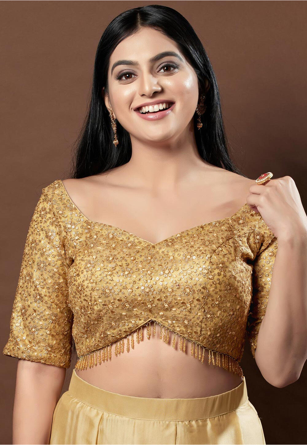 Embroidered Net Blouse in Beige