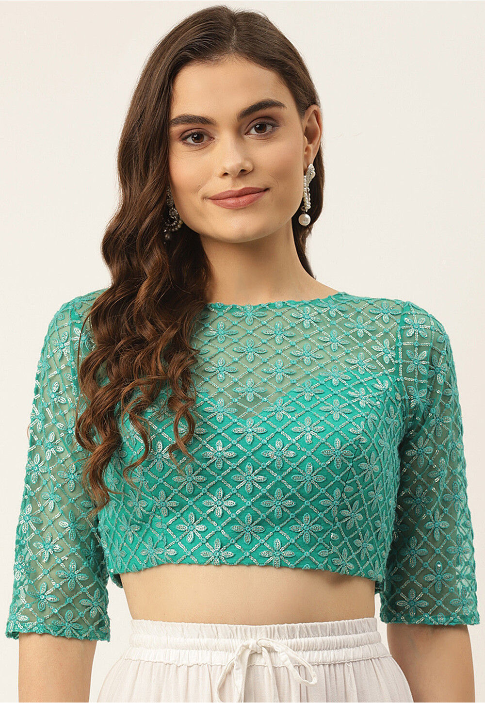 Embroidered Net Blouse in Teal Green