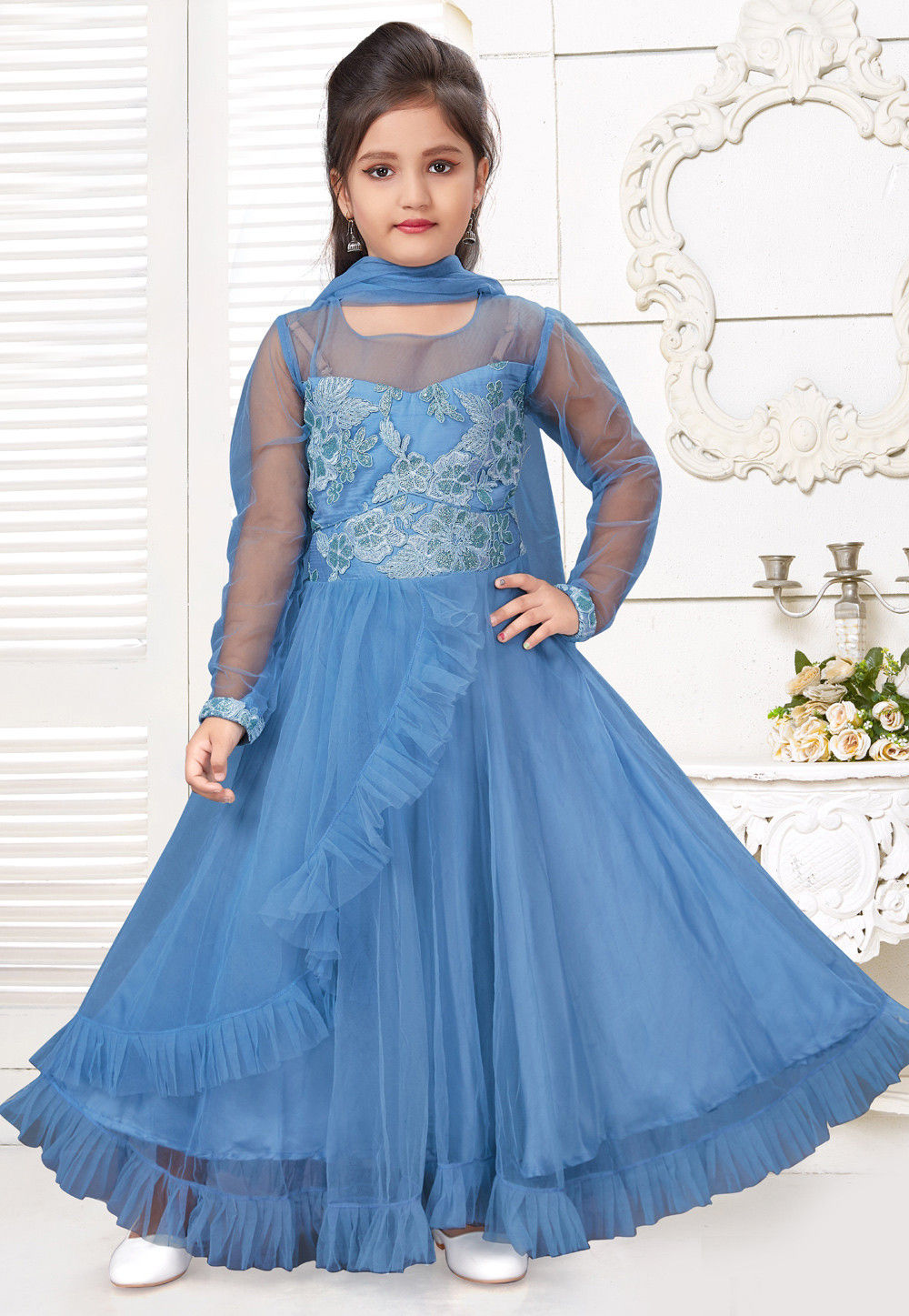 Embroidered Net Frilled Abaya Style Suit in Blue : UND784