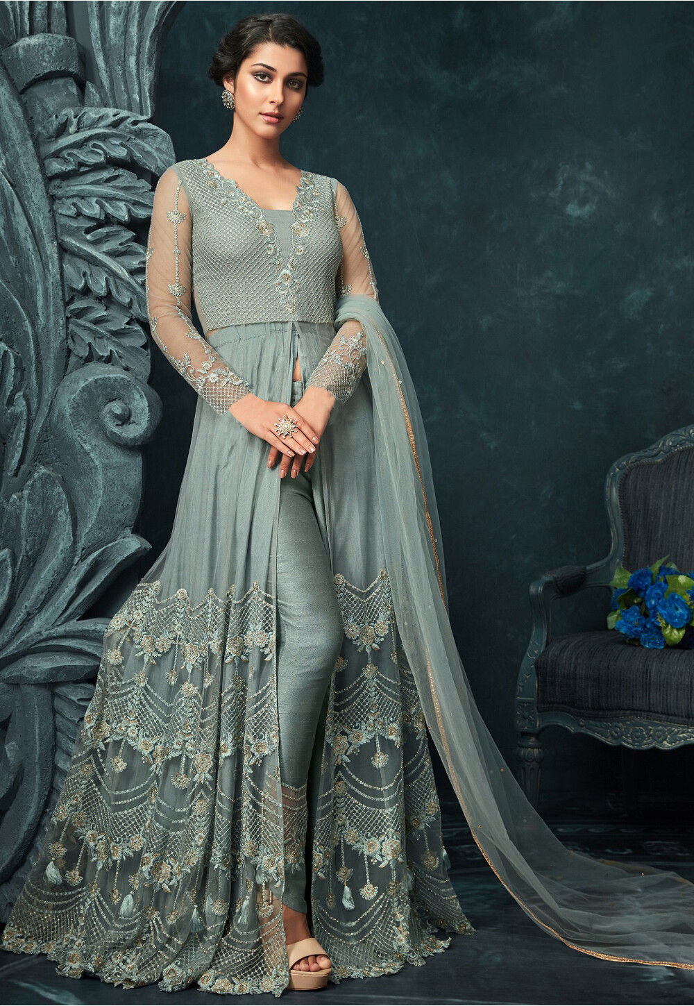 Buy Embroidered Net Front Slit Abaya Style Suit in Dusty Blue - Main Image