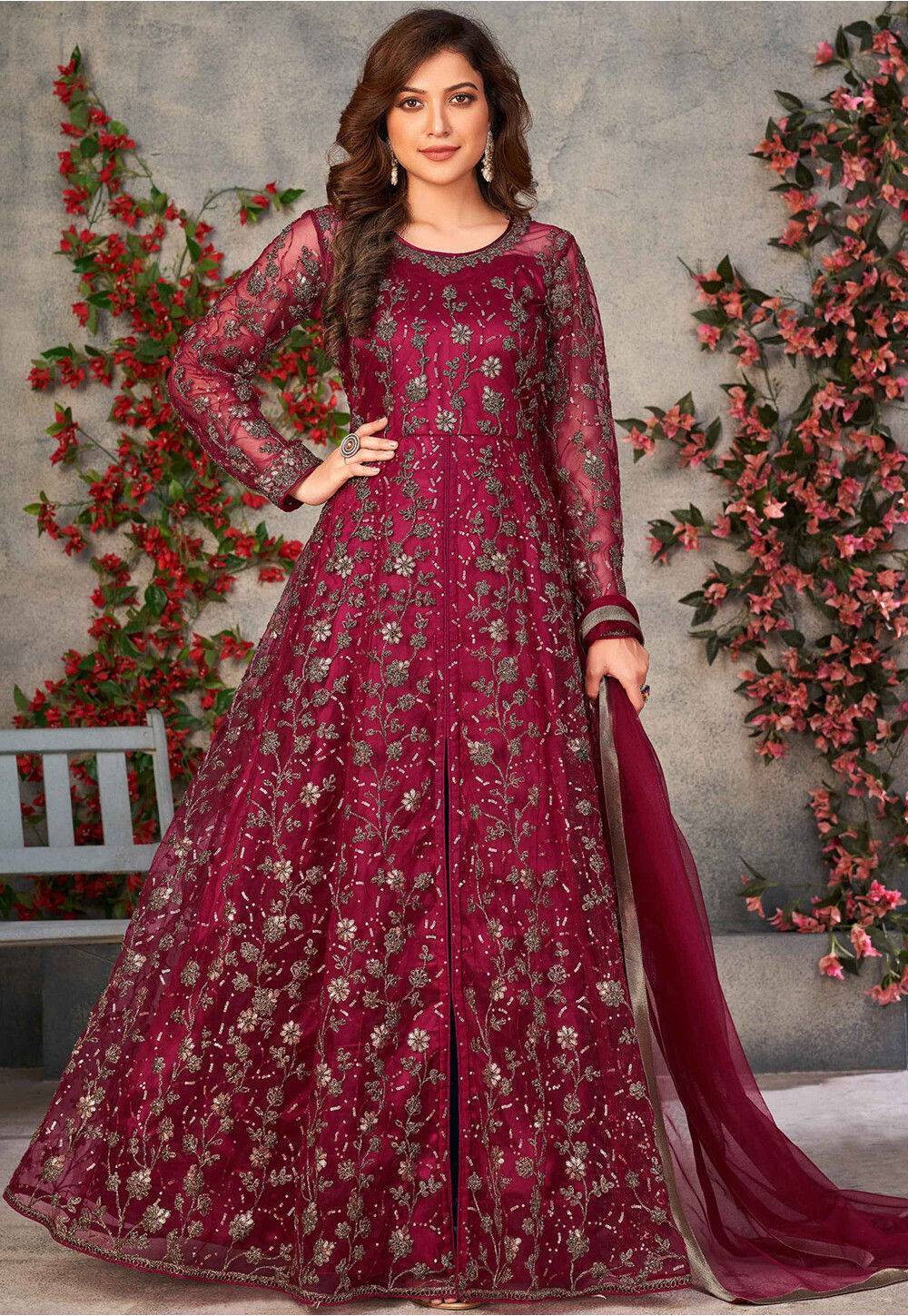 Embroidered Net Front Slit Abaya Style Suit in Maroon Red Salwar