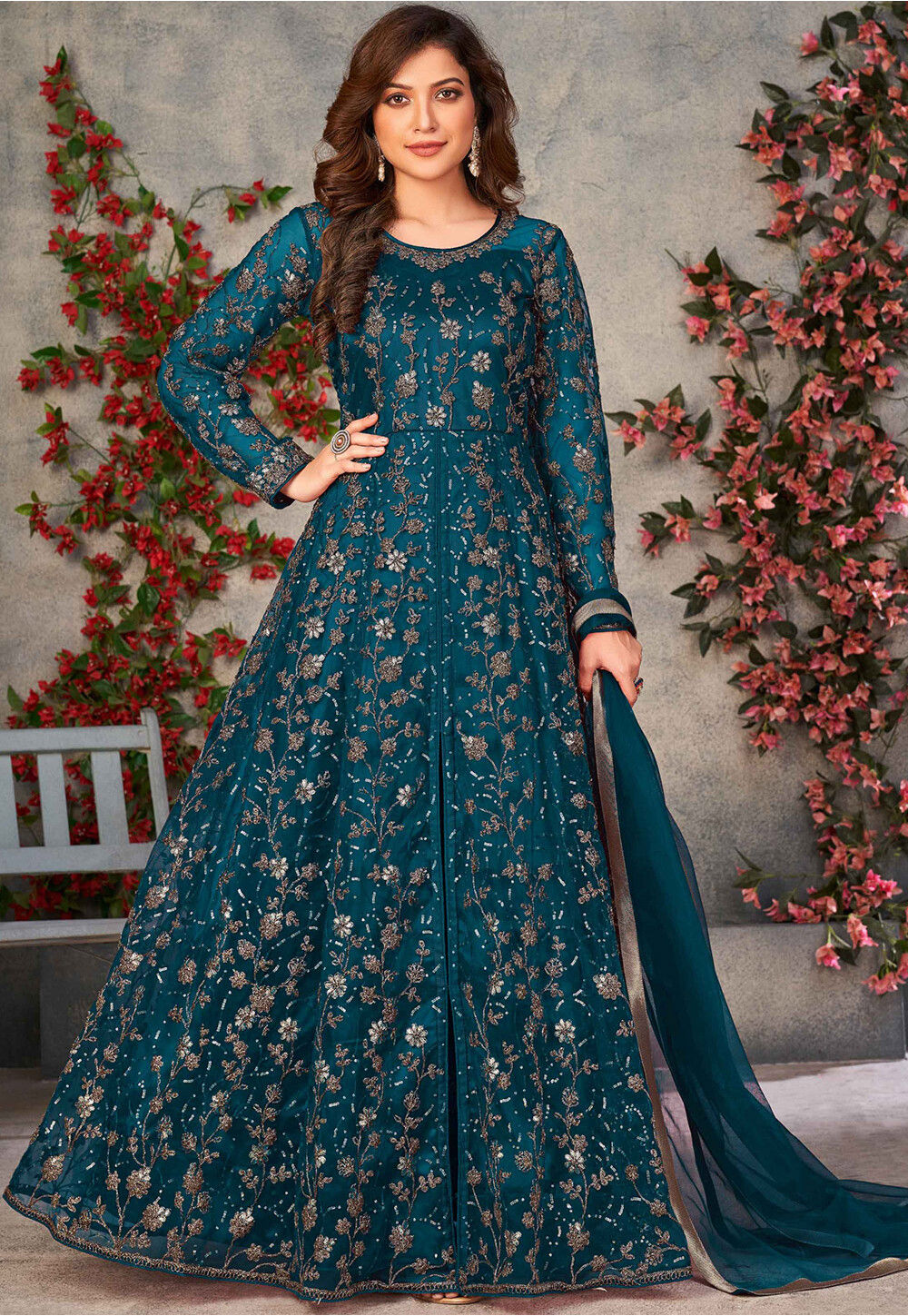Buy Embroidered Net Front Slit Abaya Style Suit in Teal Blue Online