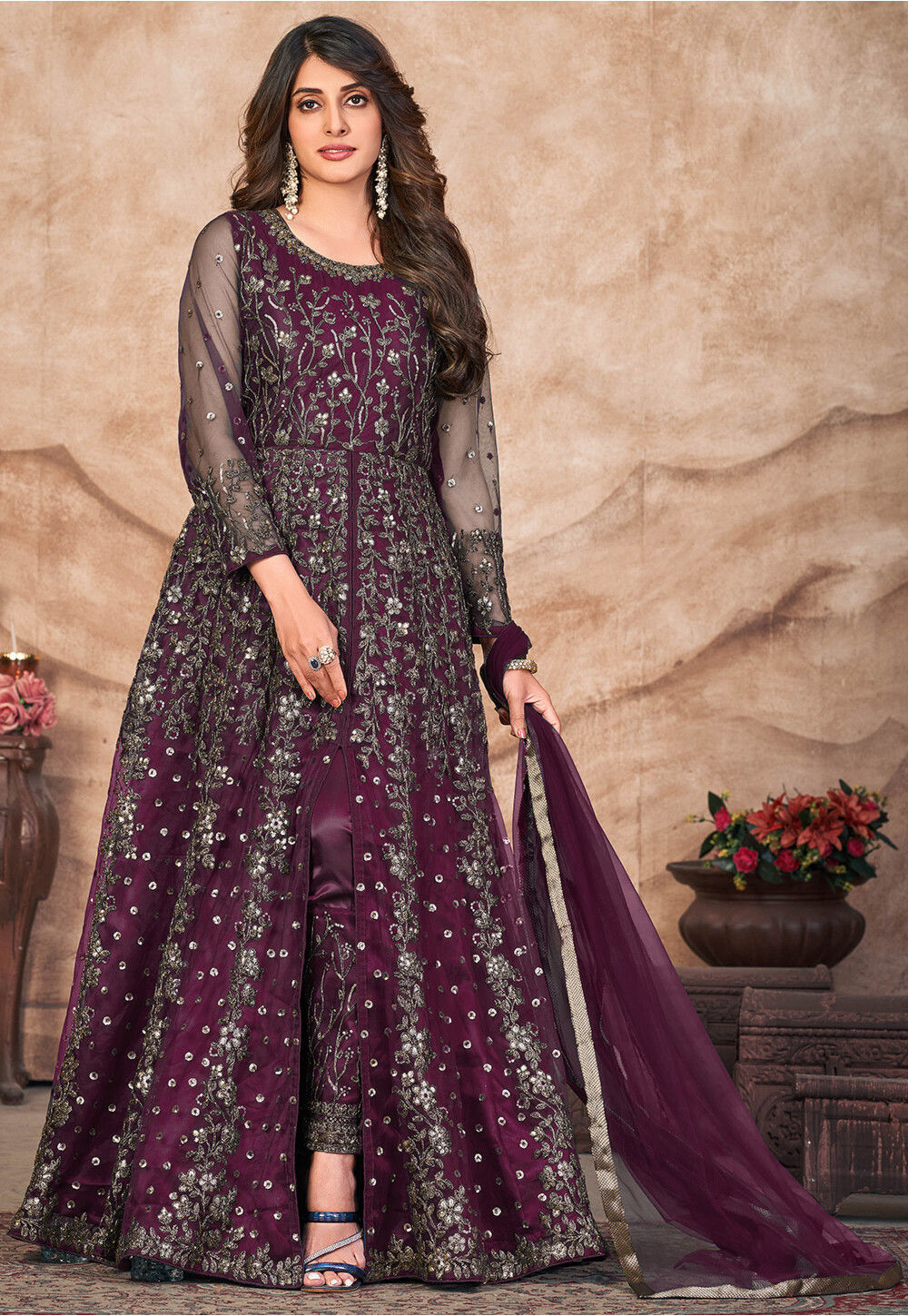 Buy Embroidered Net Front Slit Abaya Style Suit in Wine Online ...