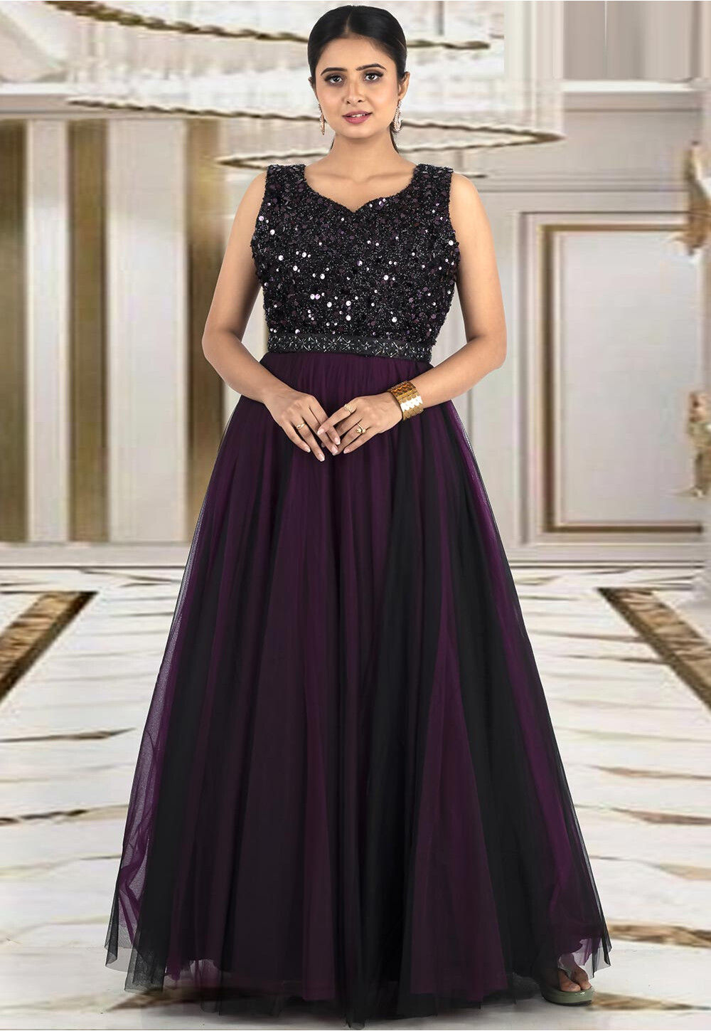 Buy Black Latest Designer Party Wear Net Gown Suit | Anarkali Suits