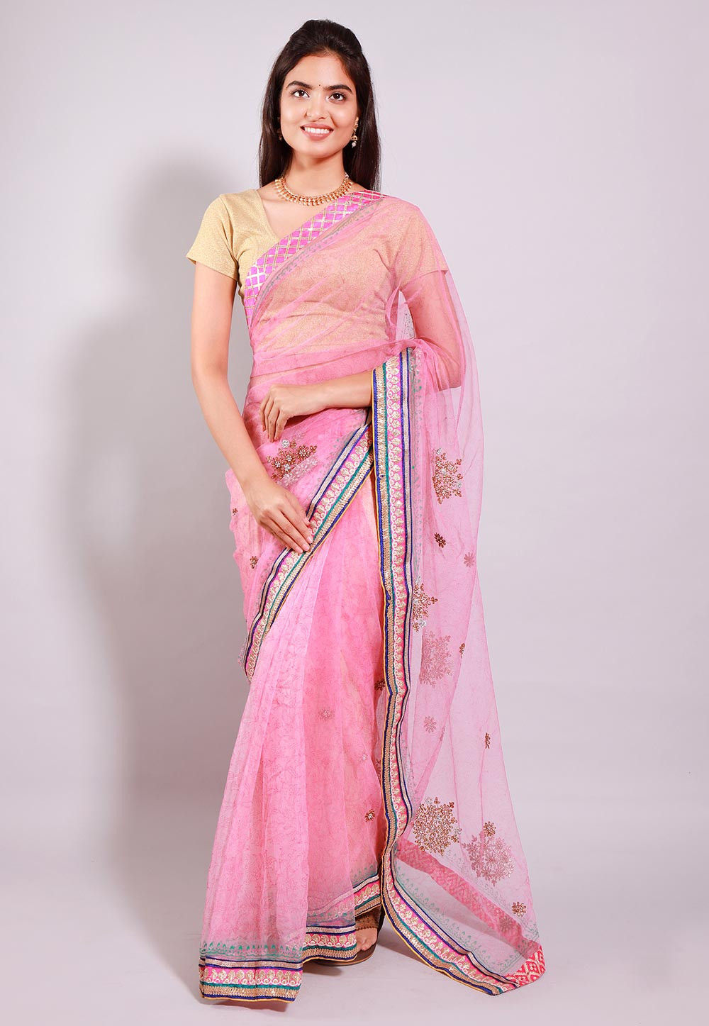 Embroidered Net Half N Half Saree in Pink : SJN7398