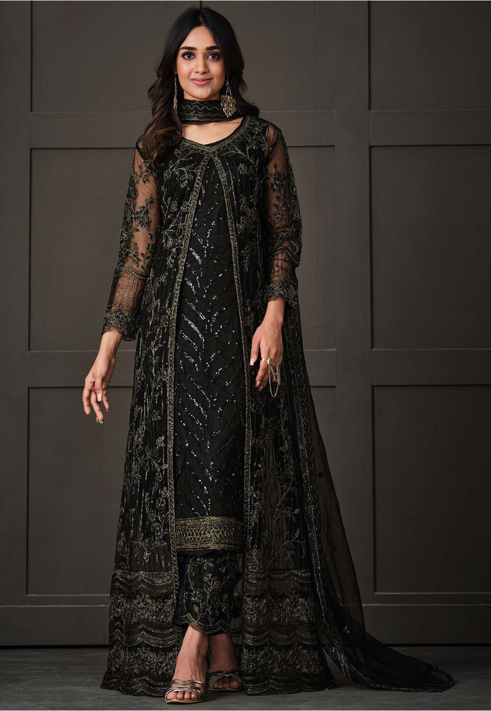 Best Indian Dress In Net  Pakistani Net embroidered suit in Black and  Purple  Gunj Fashion