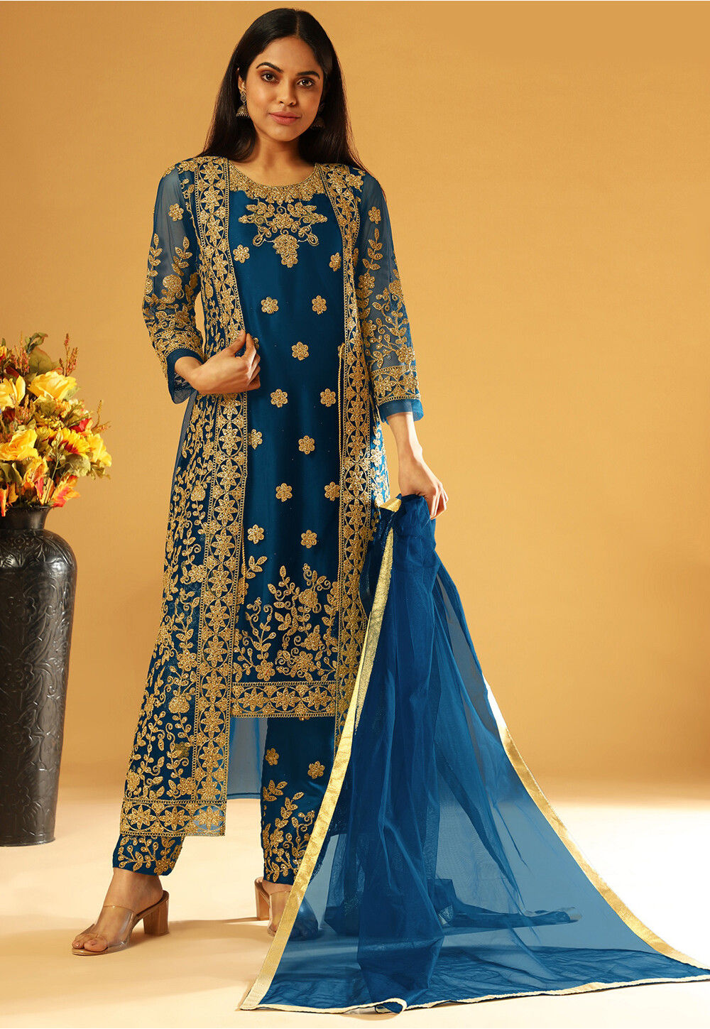 Buy Embroidered Net Jacket Style Pakistani Suit in Blue Online ...