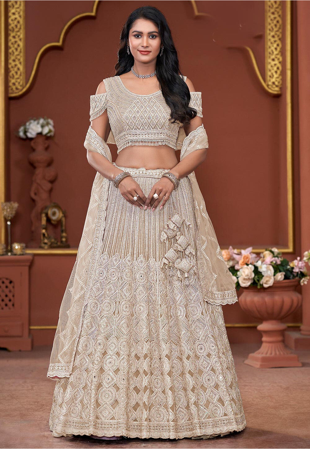 BEIGE NET EMBROIDERED LEHENGA