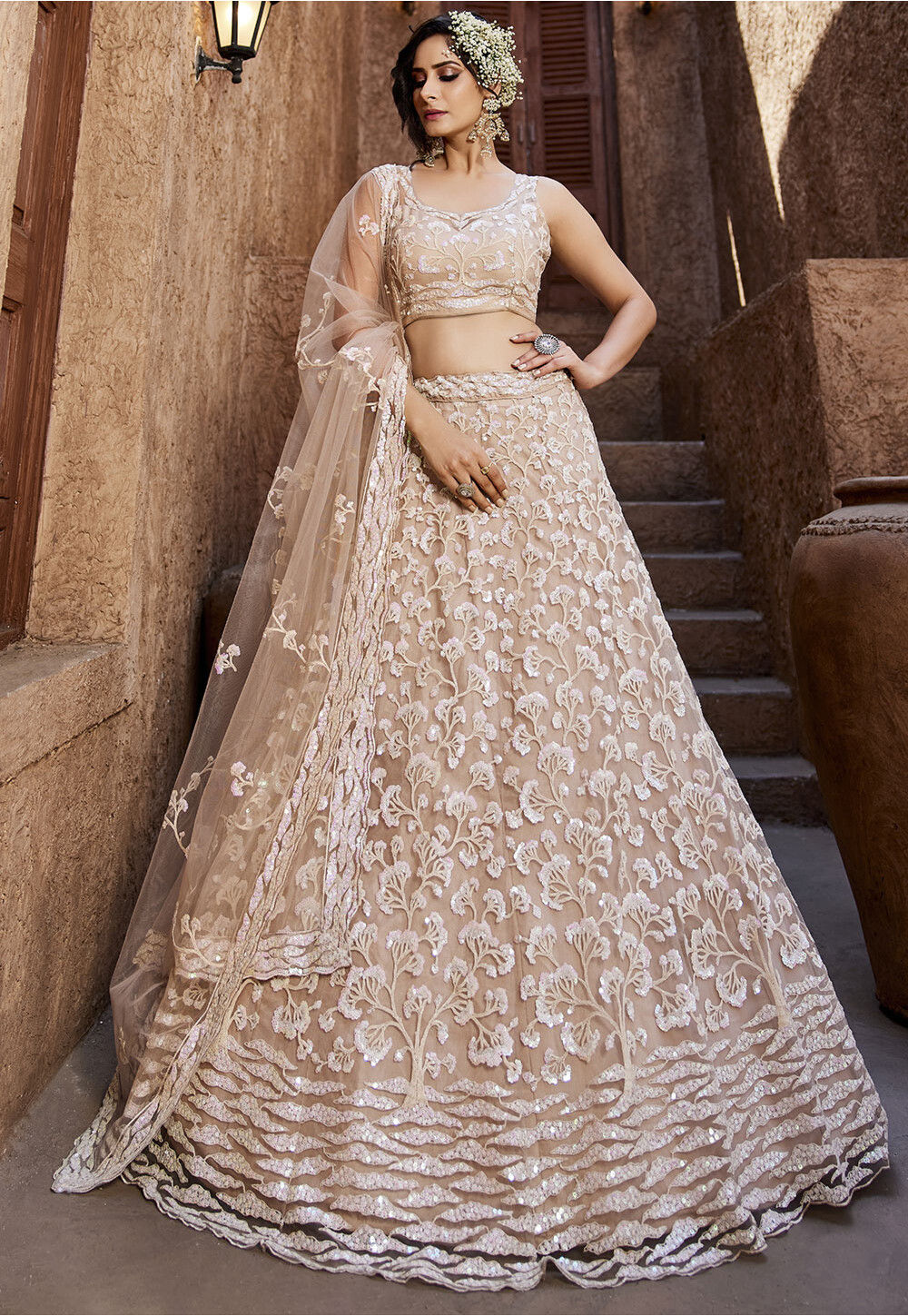 Buy Embroidered Net Lehenga in Beige Online : LUV177 - Utsav Fashion