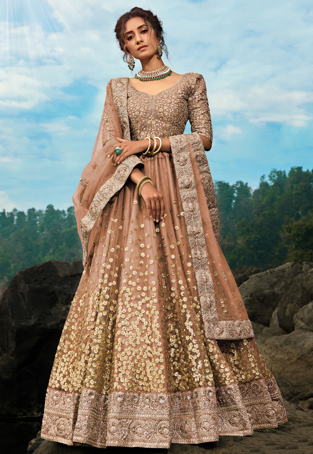 Embroidered Net Lehenga in Dark Beige : LYC1291