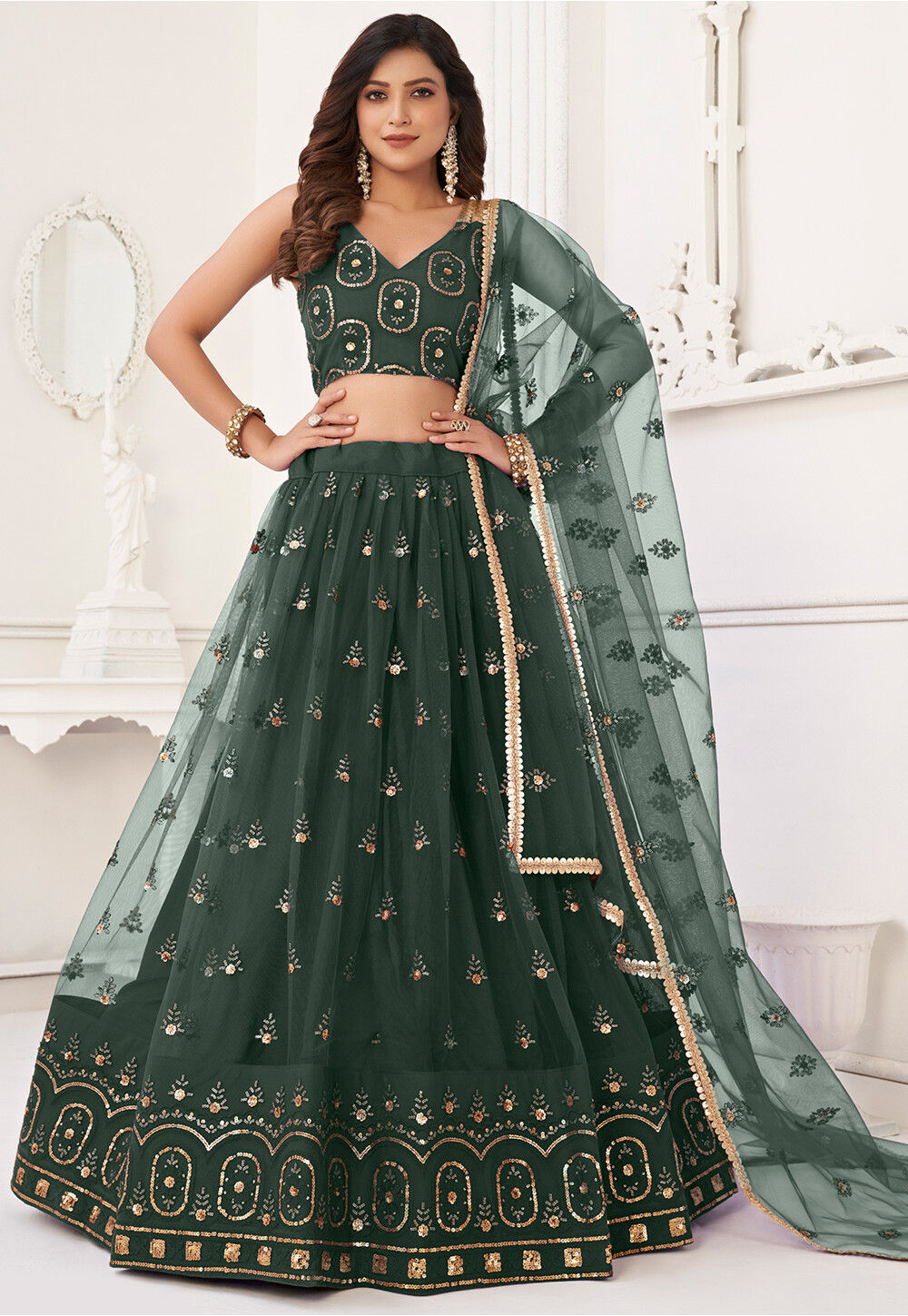 Buy Embroidered Net Lehenga in Dark Green Online : LHT150 - Utsav Fashion