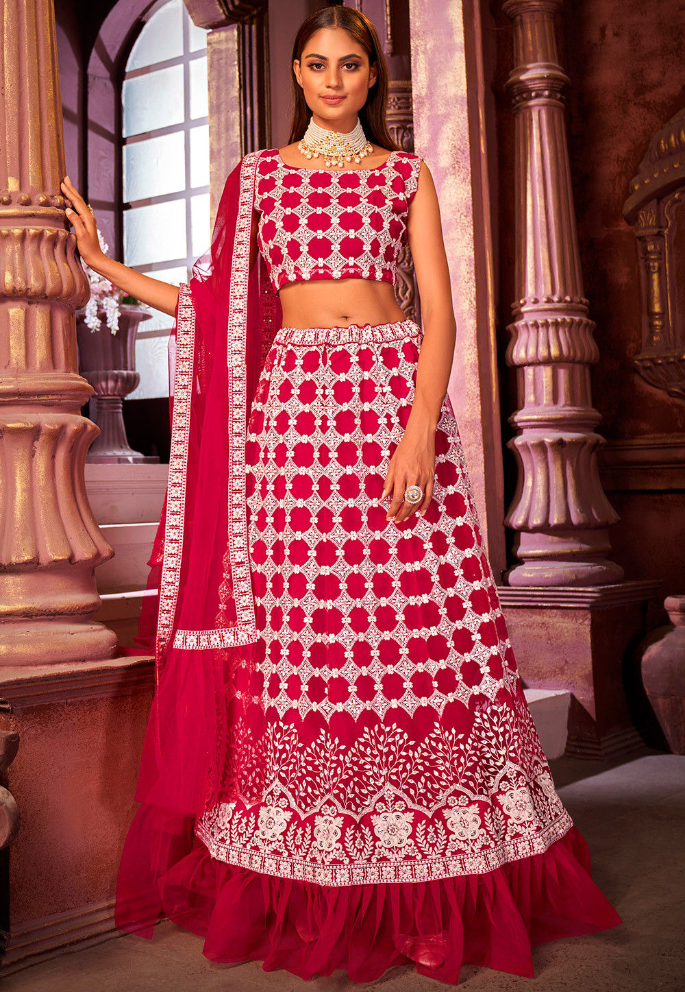 Embroidered Net Lehenga in Dark Pink 