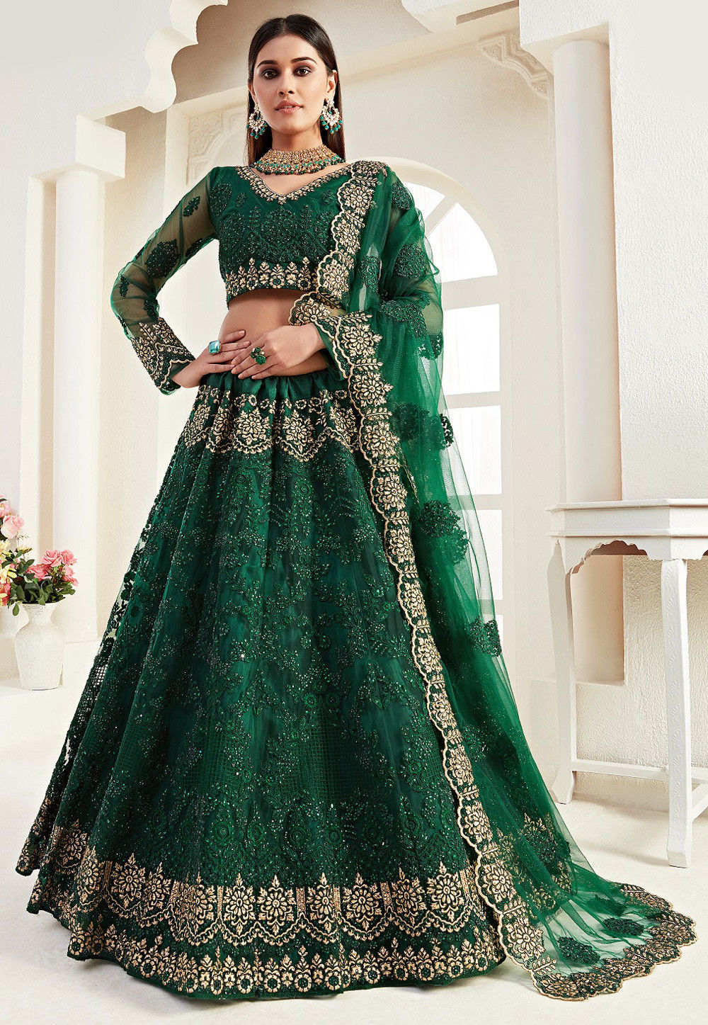 Embroidered Net Lehenga in Green LCC788