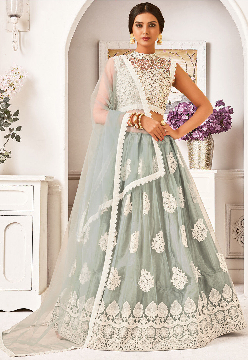 Embroidered Net Lehenga In Grey Lht78 3983