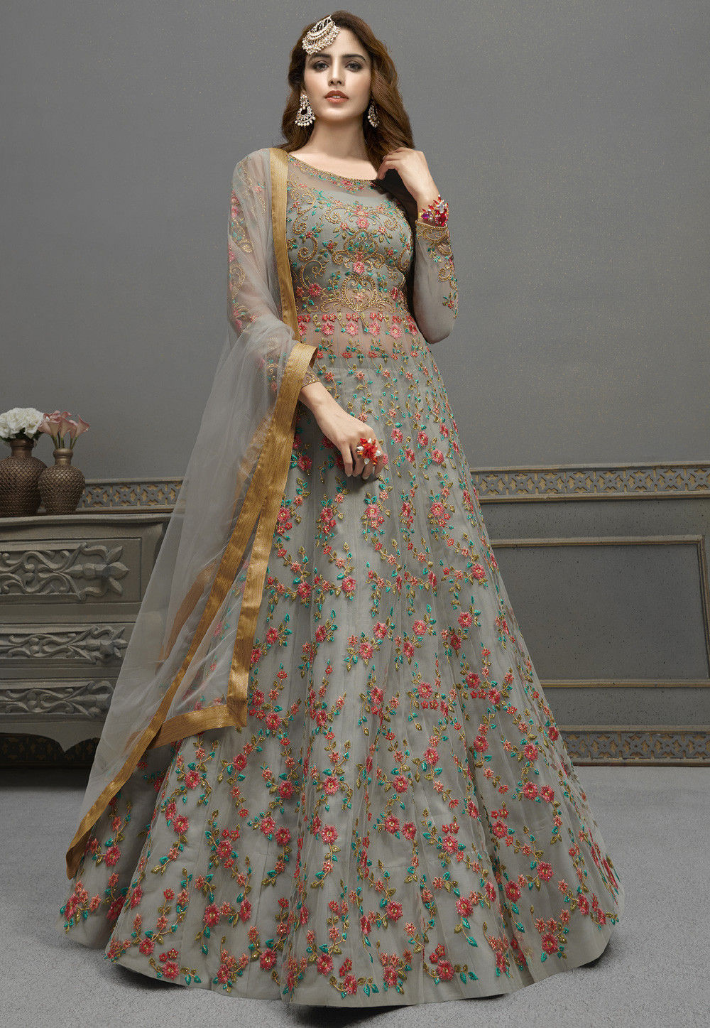 Embroidered Net Lehenga in Grey : LQY77