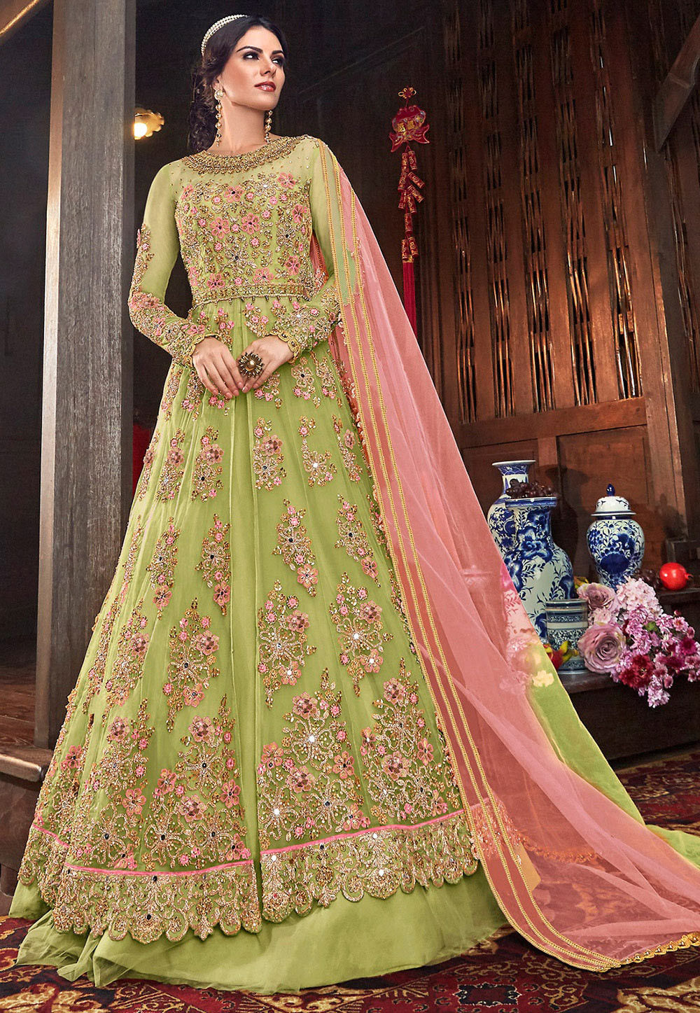 Pink and Green Color Mix Lehenga Choli – Roop Sari Palace