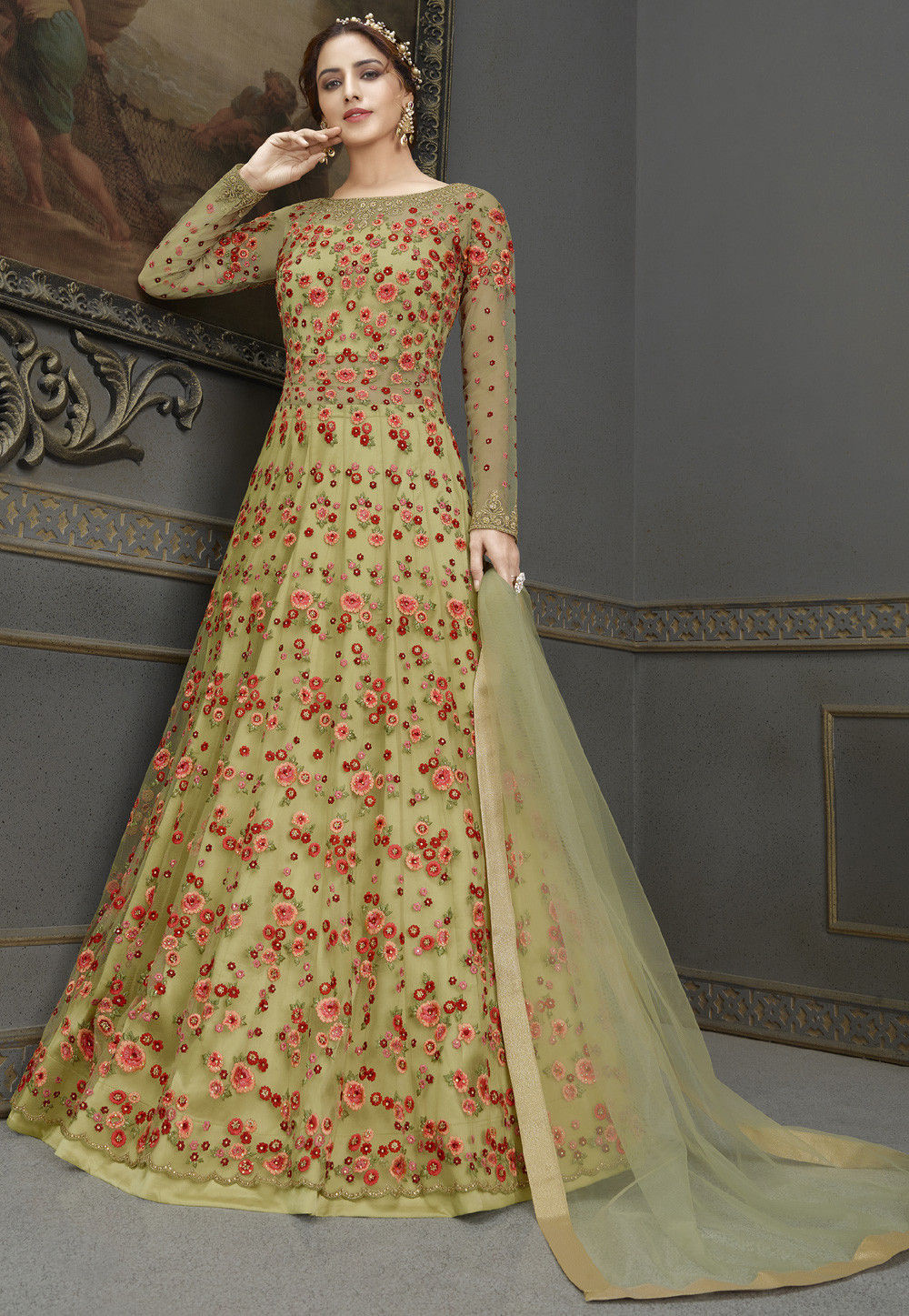 Embroidered Net Lehenga in Light Olive Green : LQY76