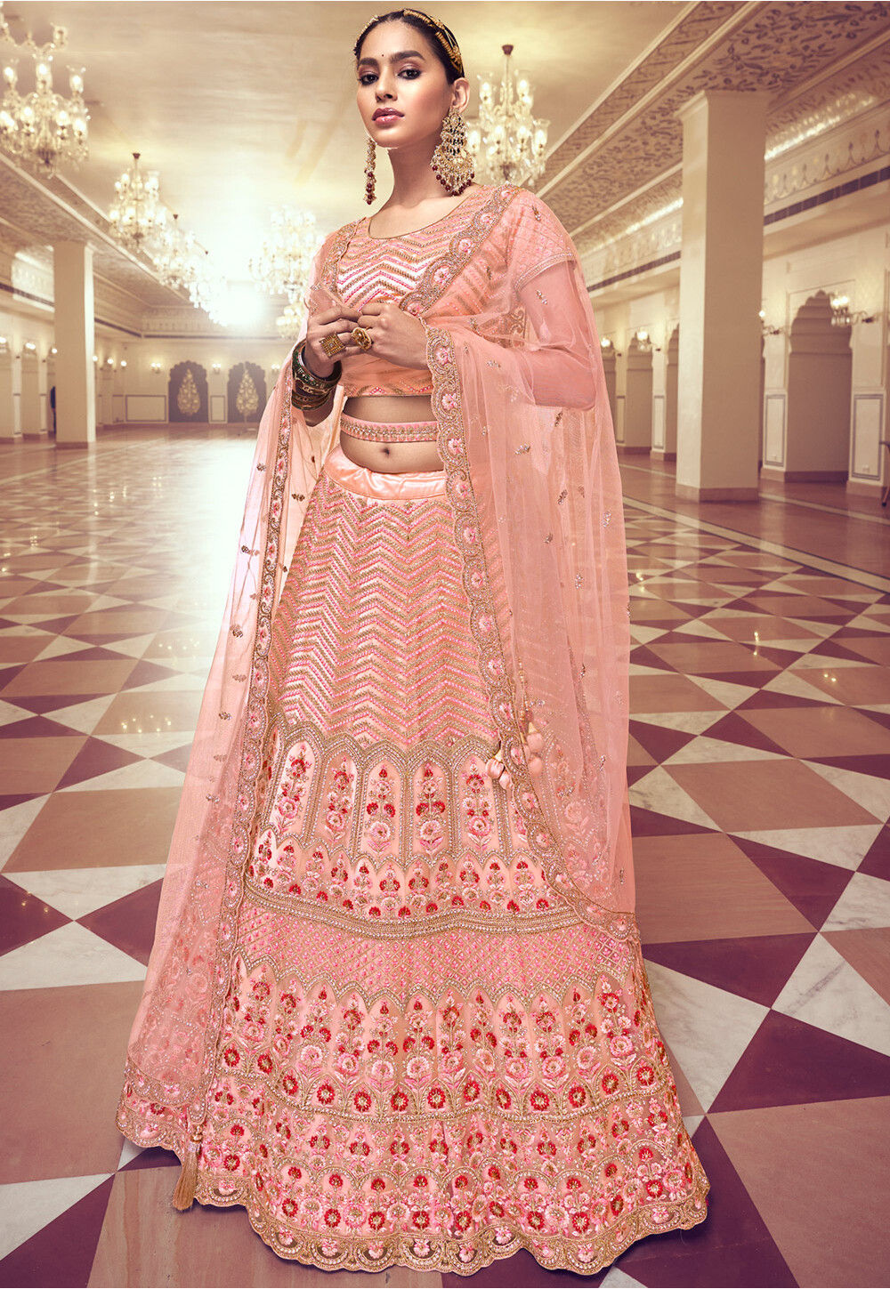 Pretty Peach Italian Silk Embroidered Lehenga by Aahvan Design at  Rs.3925/Piece in surat offer by Aahvan Designs