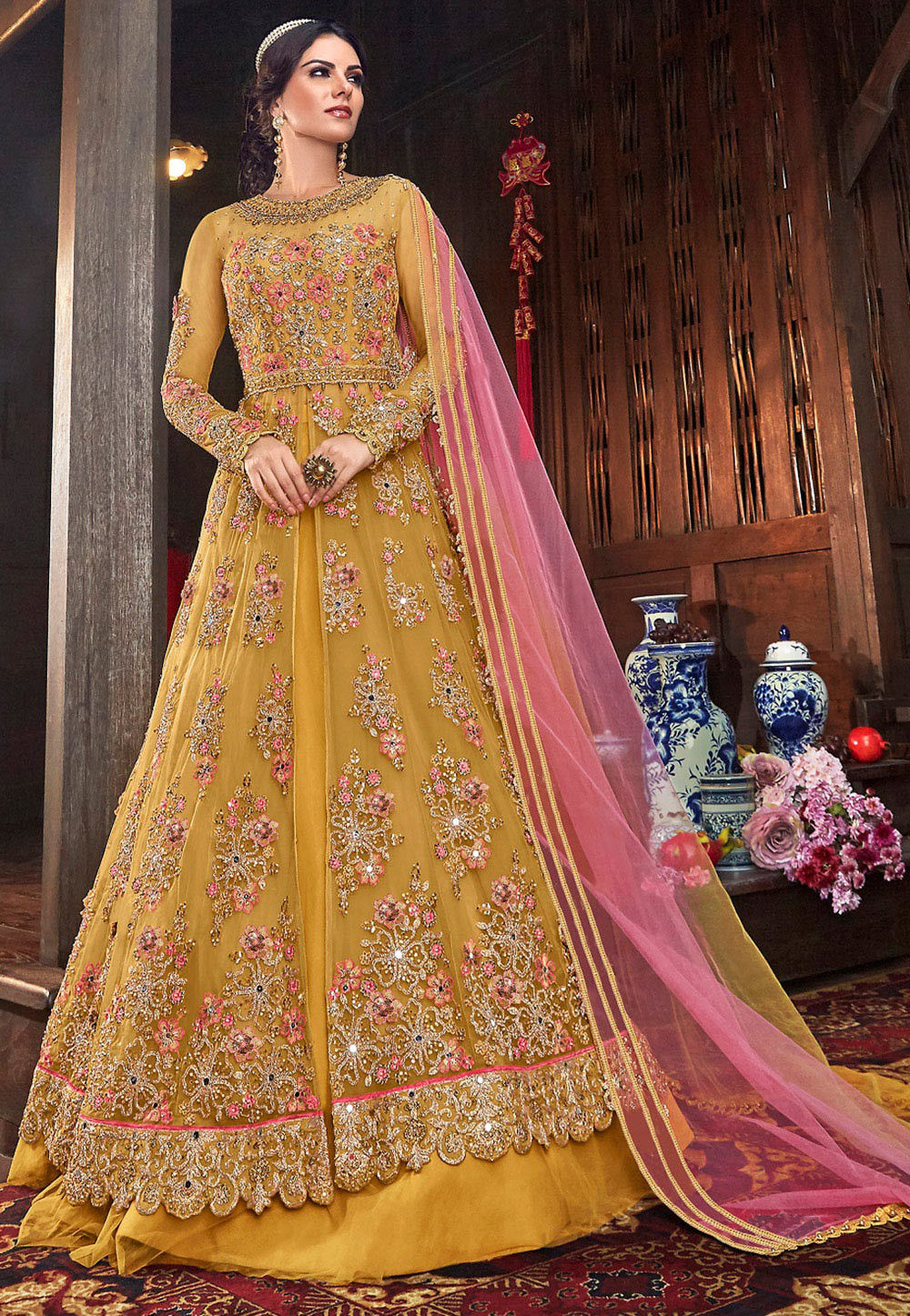 PV 4021 : Yellow And Pink Kanjeevaram.Mustard Yellow kanjeevaram lahenga  with pink benarasi duppata… | Lehenga saree design, Half saree designs,  Half saree lehenga
