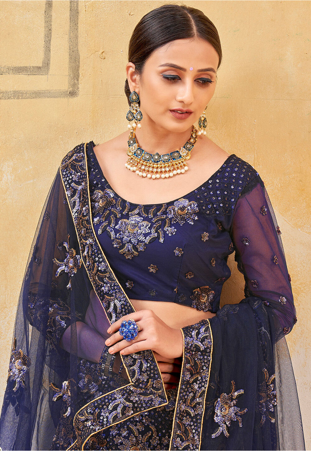 Buy Embroidered Net Lehenga in Navy Blue Online : LQY794 - Utsav Fashion