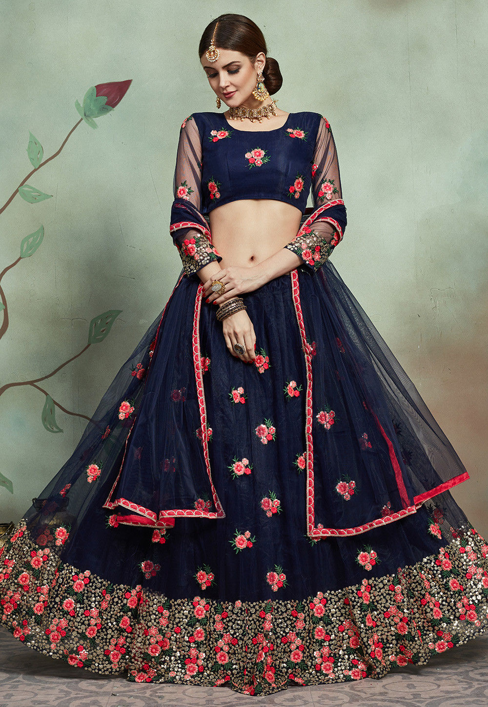 Stunning red and blue color combination lehenga and blouse with net  dupatta. Lehenga with gold jari