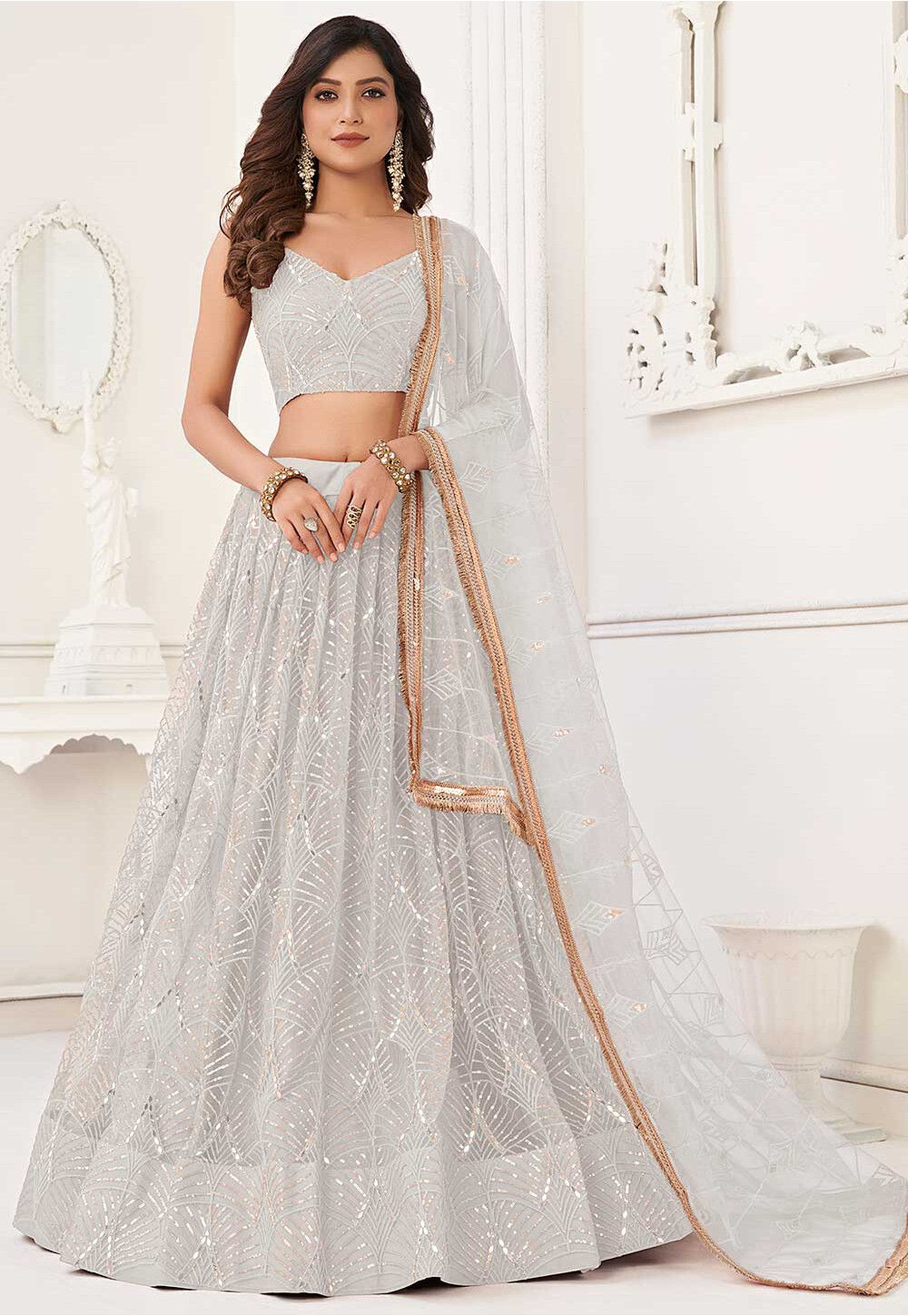 Off White Golden Embroidered Net Lehenga