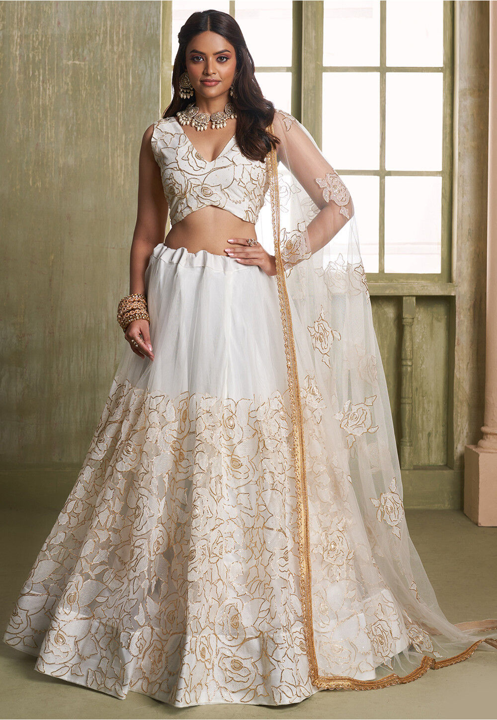 Off White Golden Embroidered Net Lehenga main image 1