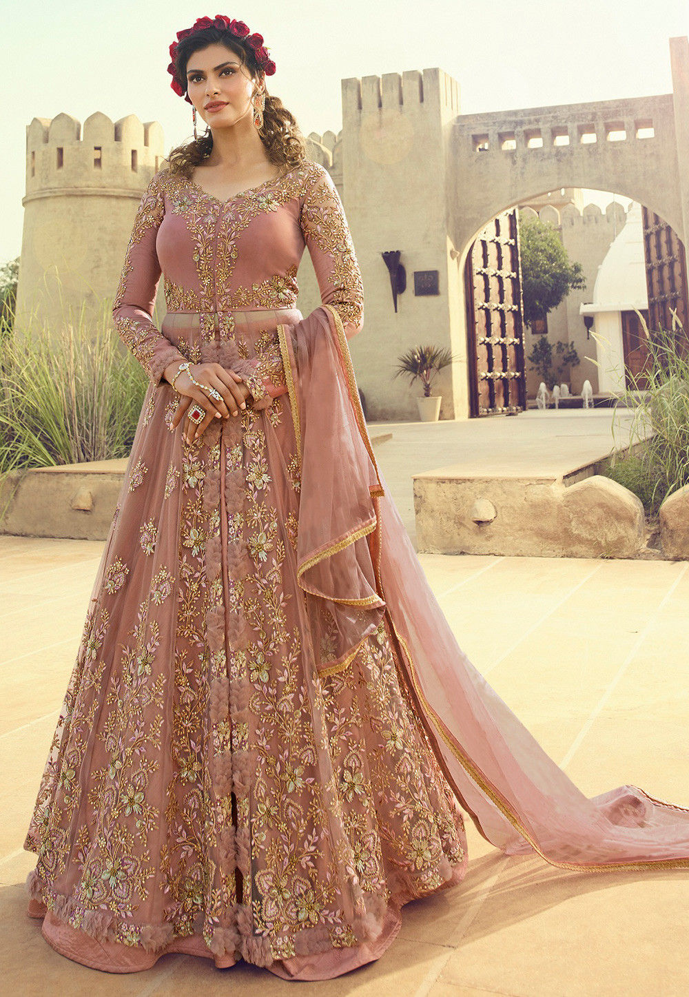 Embroidered Net Lehenga in Old Rose : LCC577
