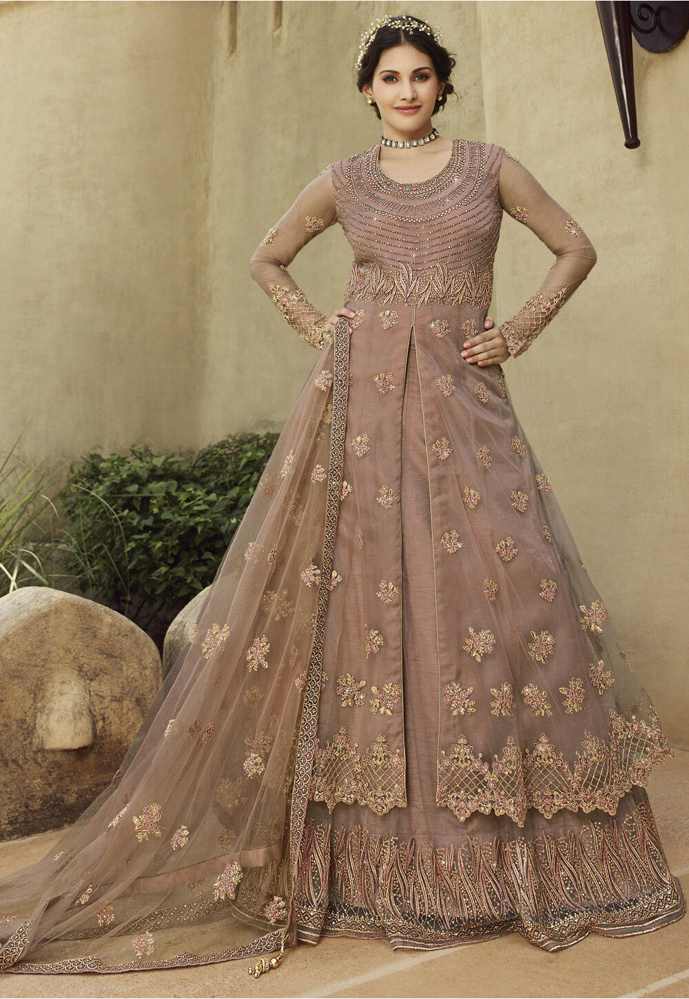 Golden Princess Peach Embroidered Indo-Western Lehenga-SNT11116 – Saris and  Things