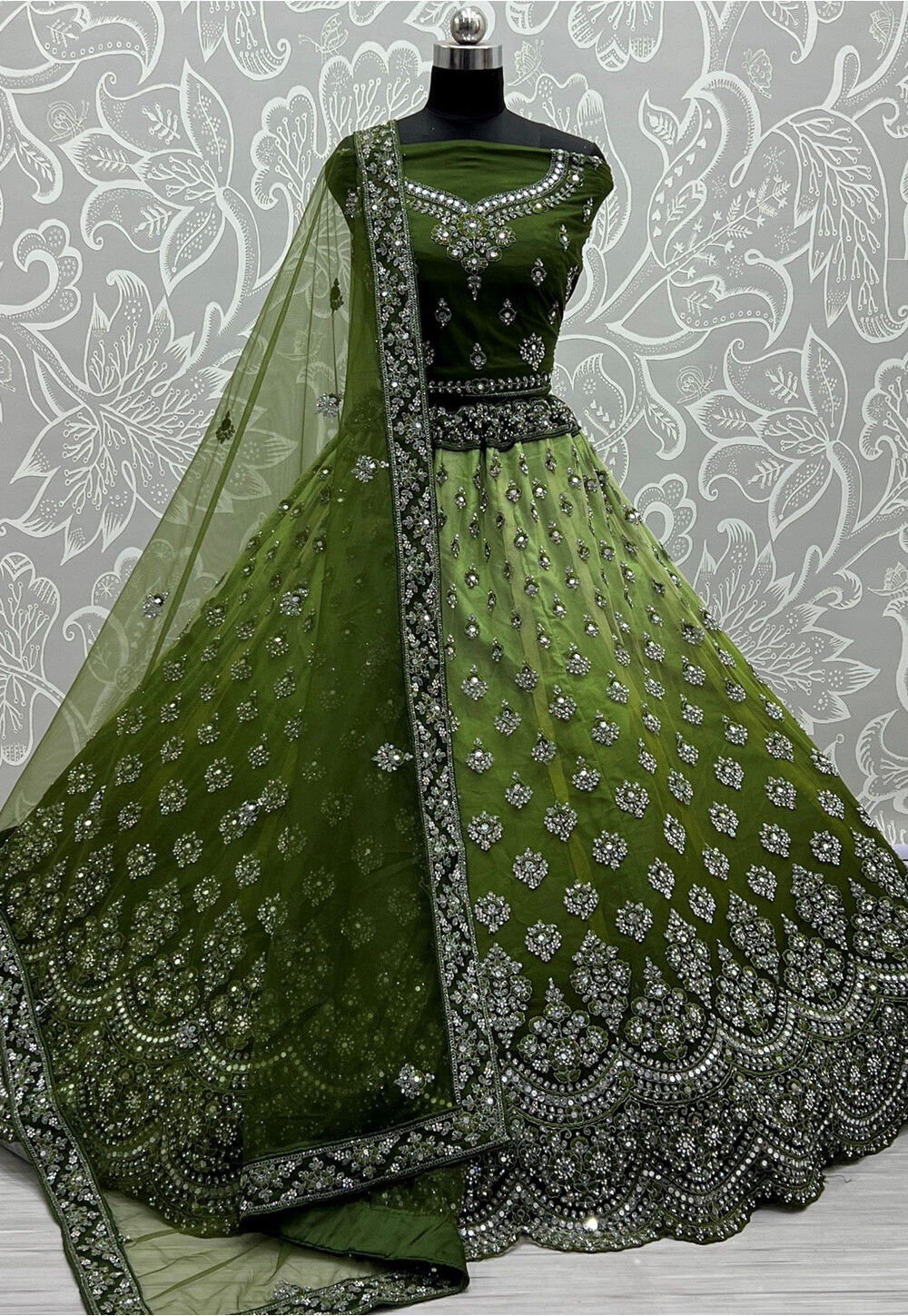 Green Lehenga With Heavy Soft Net And Thread Sequins Embroid