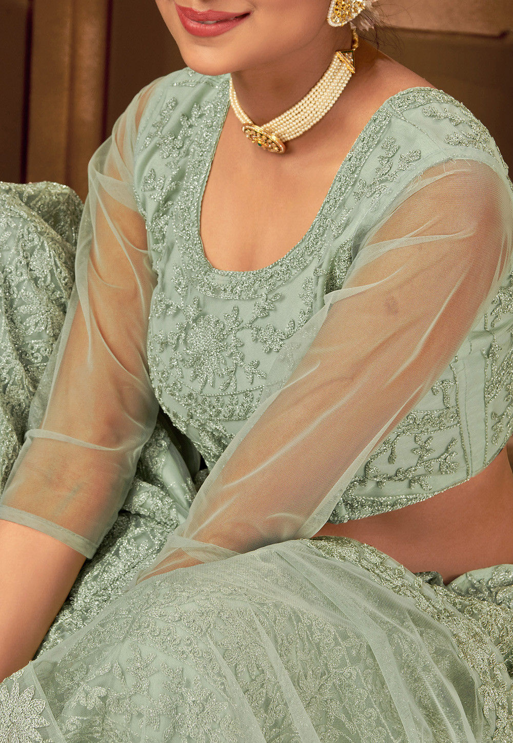 Buy Embroidered Net Lehenga in Pastel Green Online LQY36 Utsav Fashion