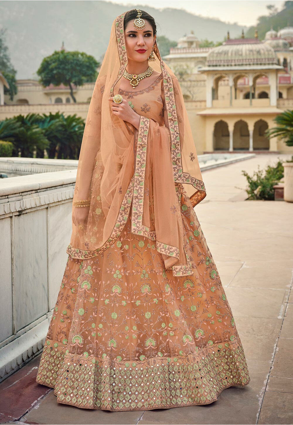 Digital Printed Art Silk Lehenga in Mustard and Red : LCC2591