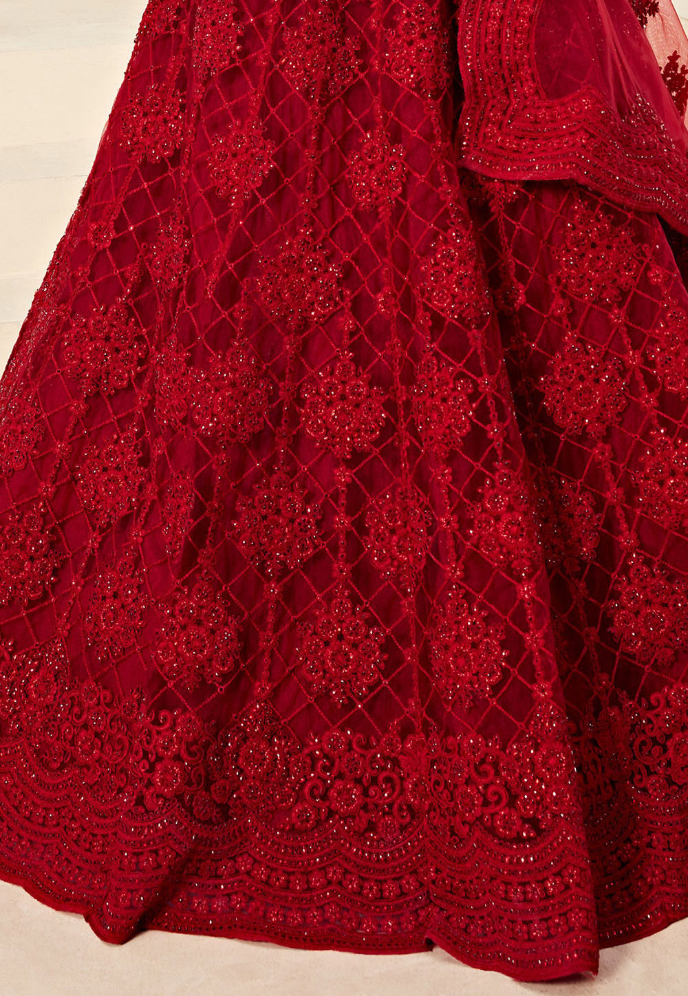 Embroidered Net Lehenga in Red : LCC723