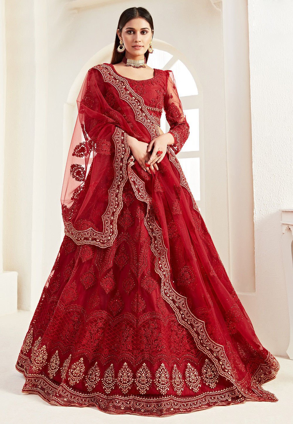 Embroidered Net Lehenga in Red : LCC789
