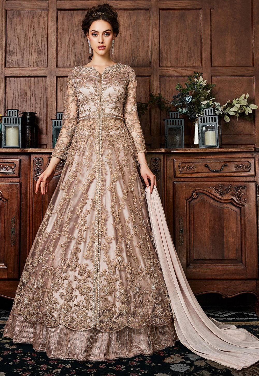 Buy Gold Net Embroidered Sequin V Neck Work Flared Gown For Women by Megha  & Jigar Online at Aza Fashions.