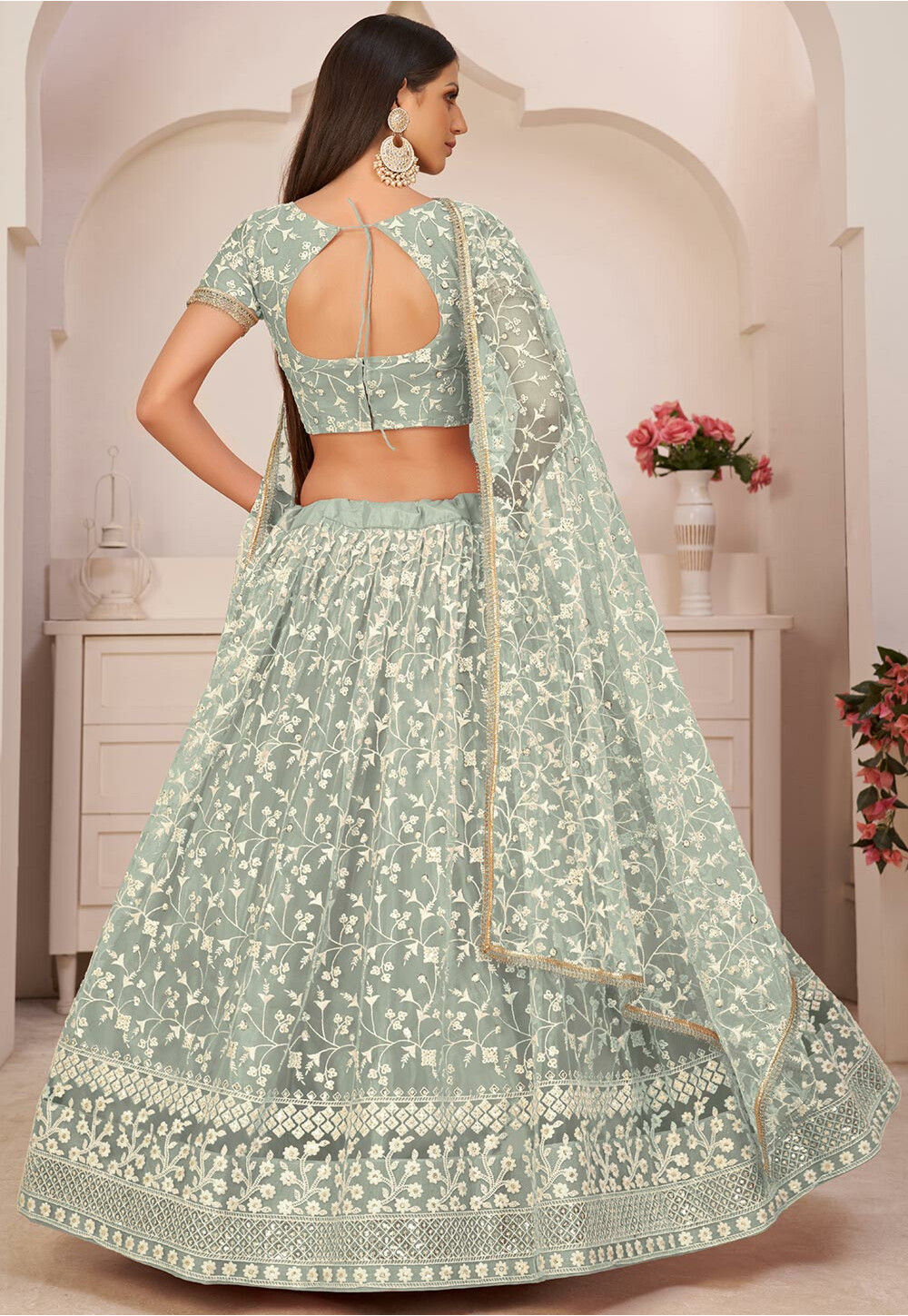 Embroidered Net Lehenga in Sea Green LHT56
