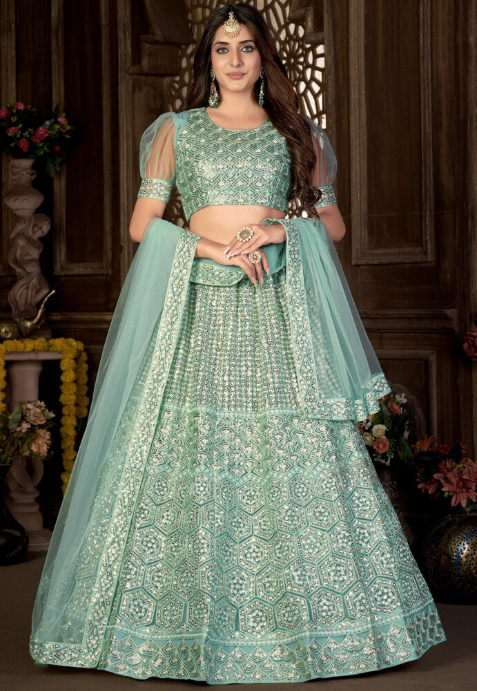 Buy Pleasing Sea Green Mirror Work Rajwadi Silk Wedding Lehenga Choli -  Zeel Clothing