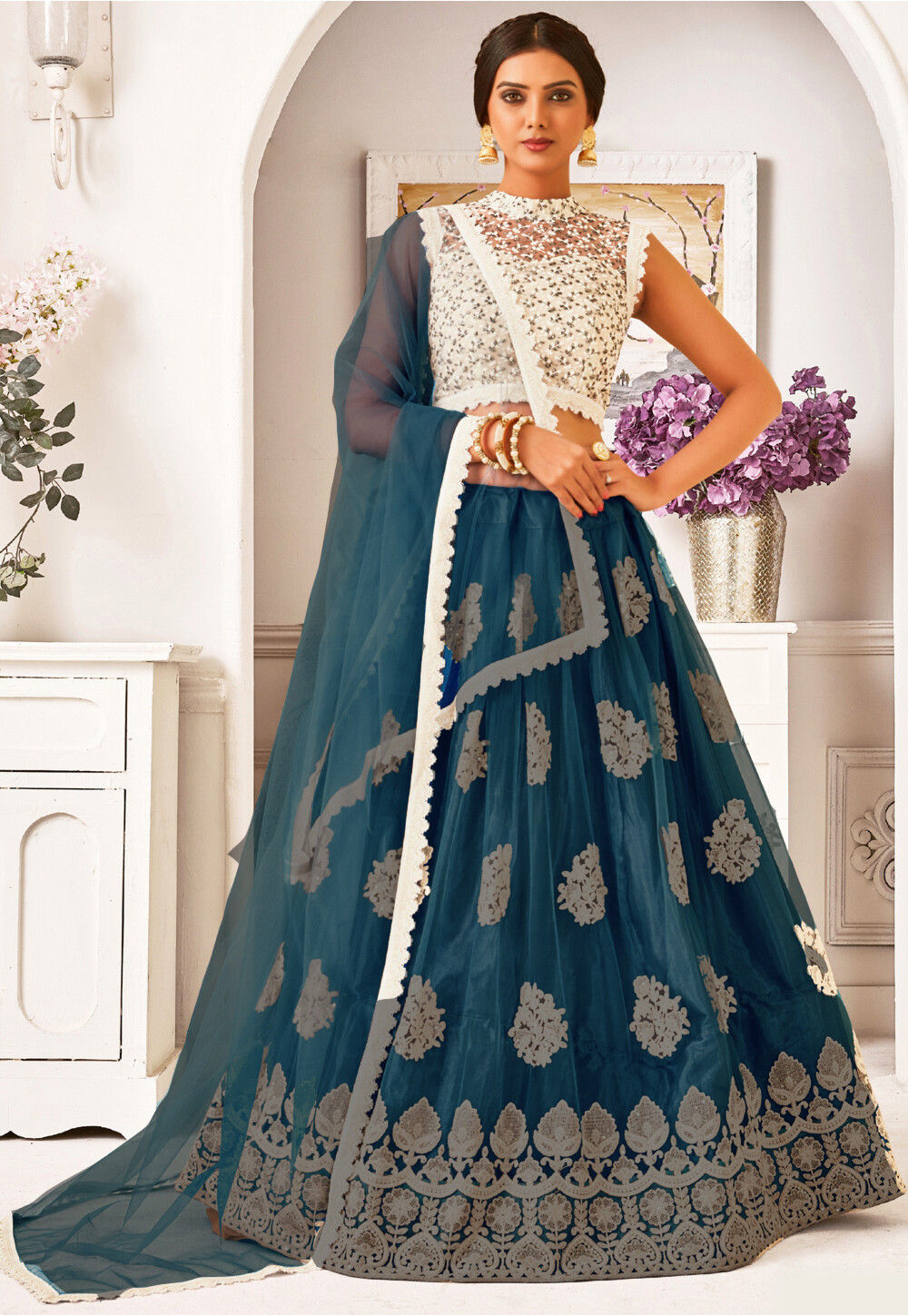 Embroidered Net Lehenga in Sky Blue : LHT73