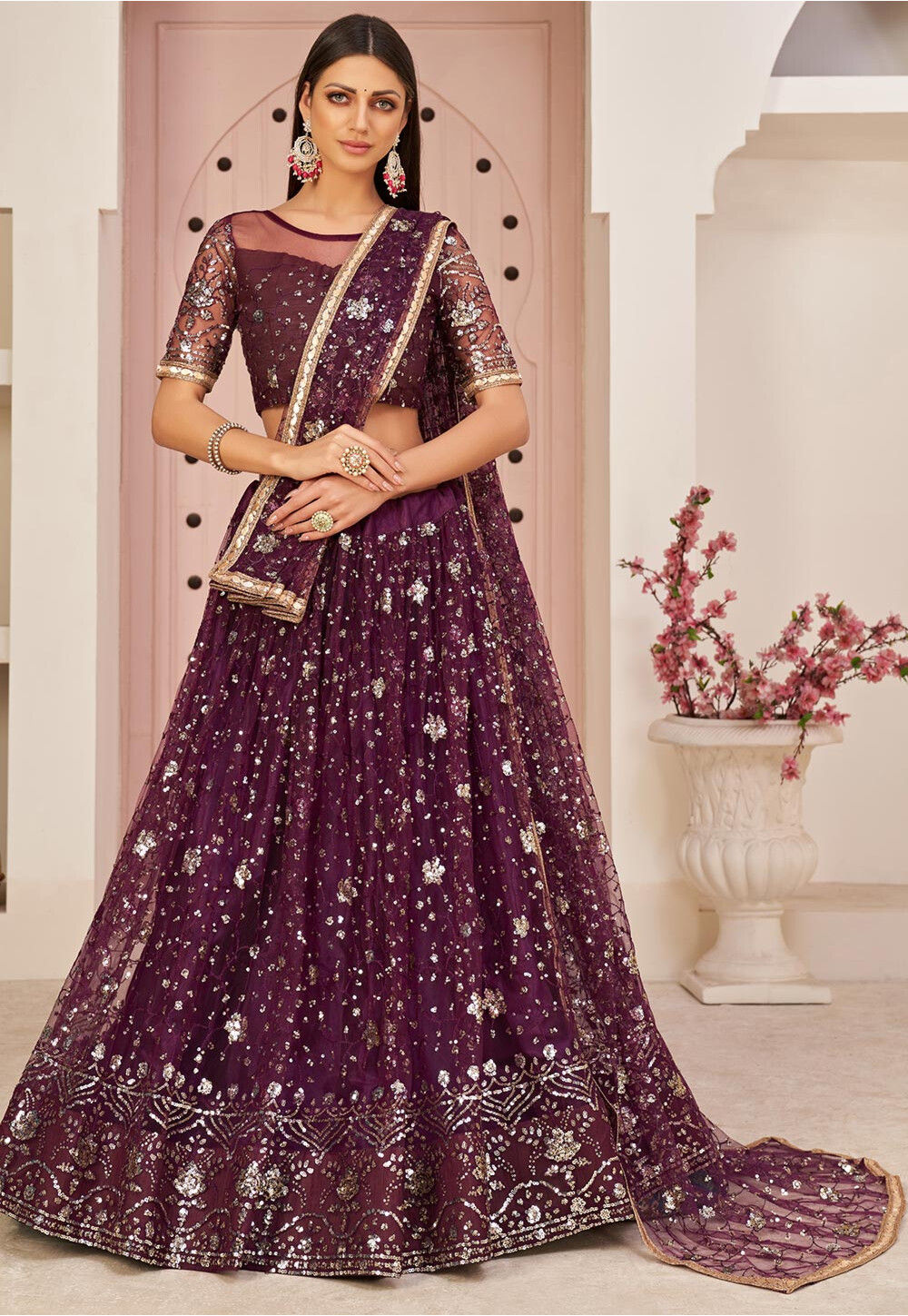 Wine Net Lehenga with Shrug main image 1