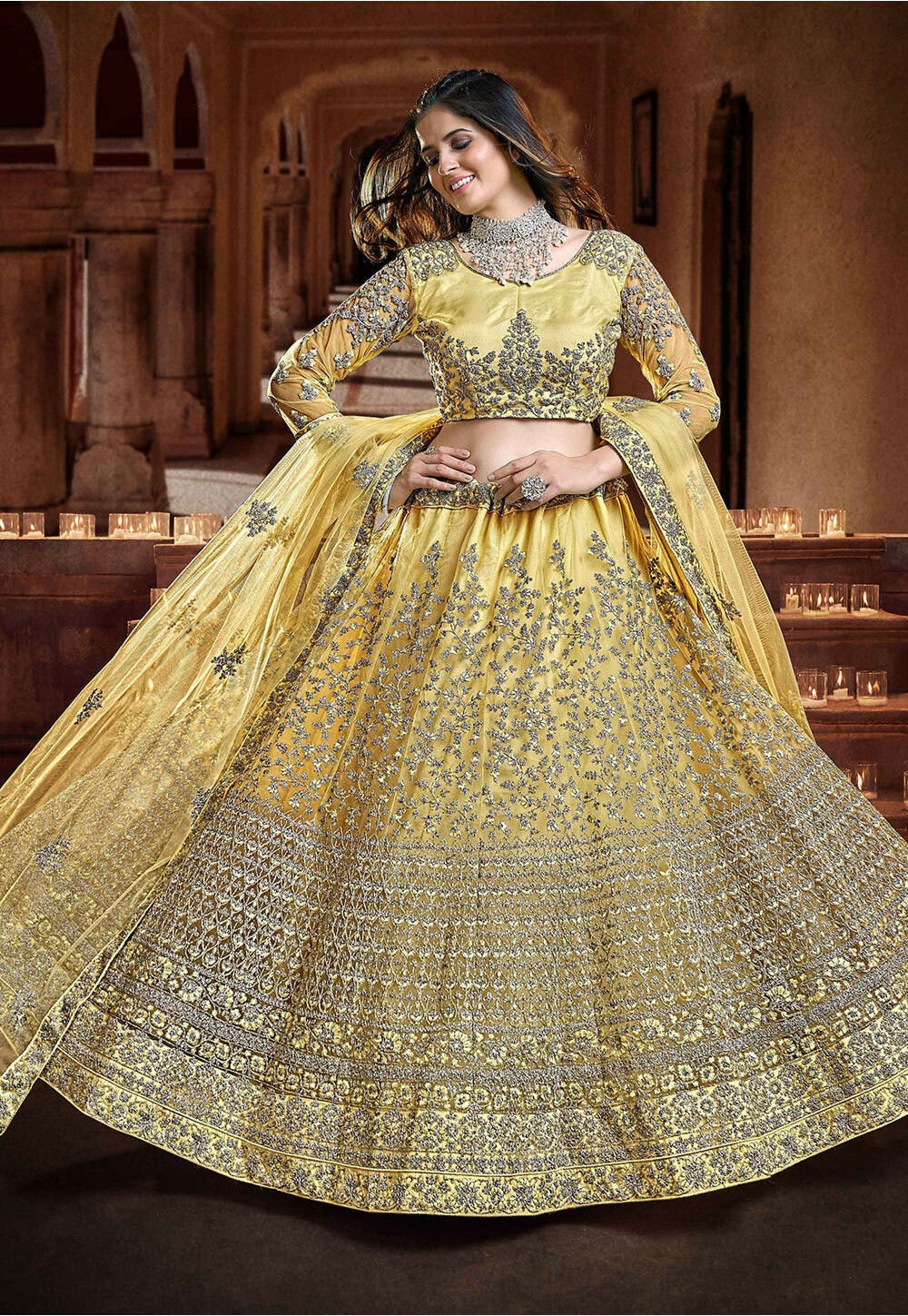 Embroidered Net Lehenga in Cream : LCC1177