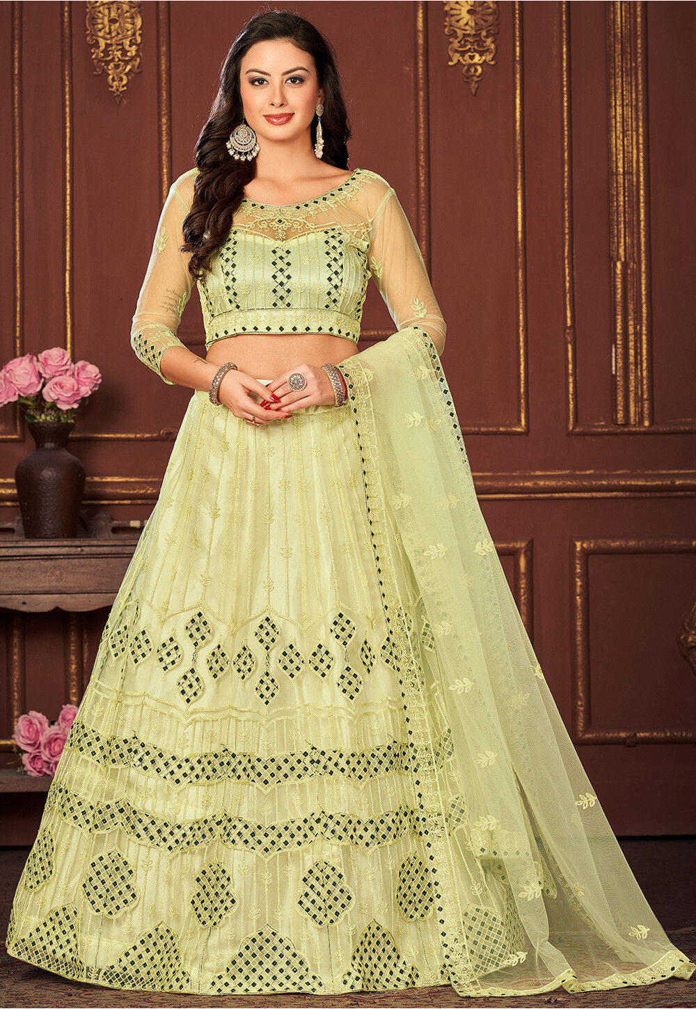 Embroidered Art Silk Lehenga in Green : LCC2685