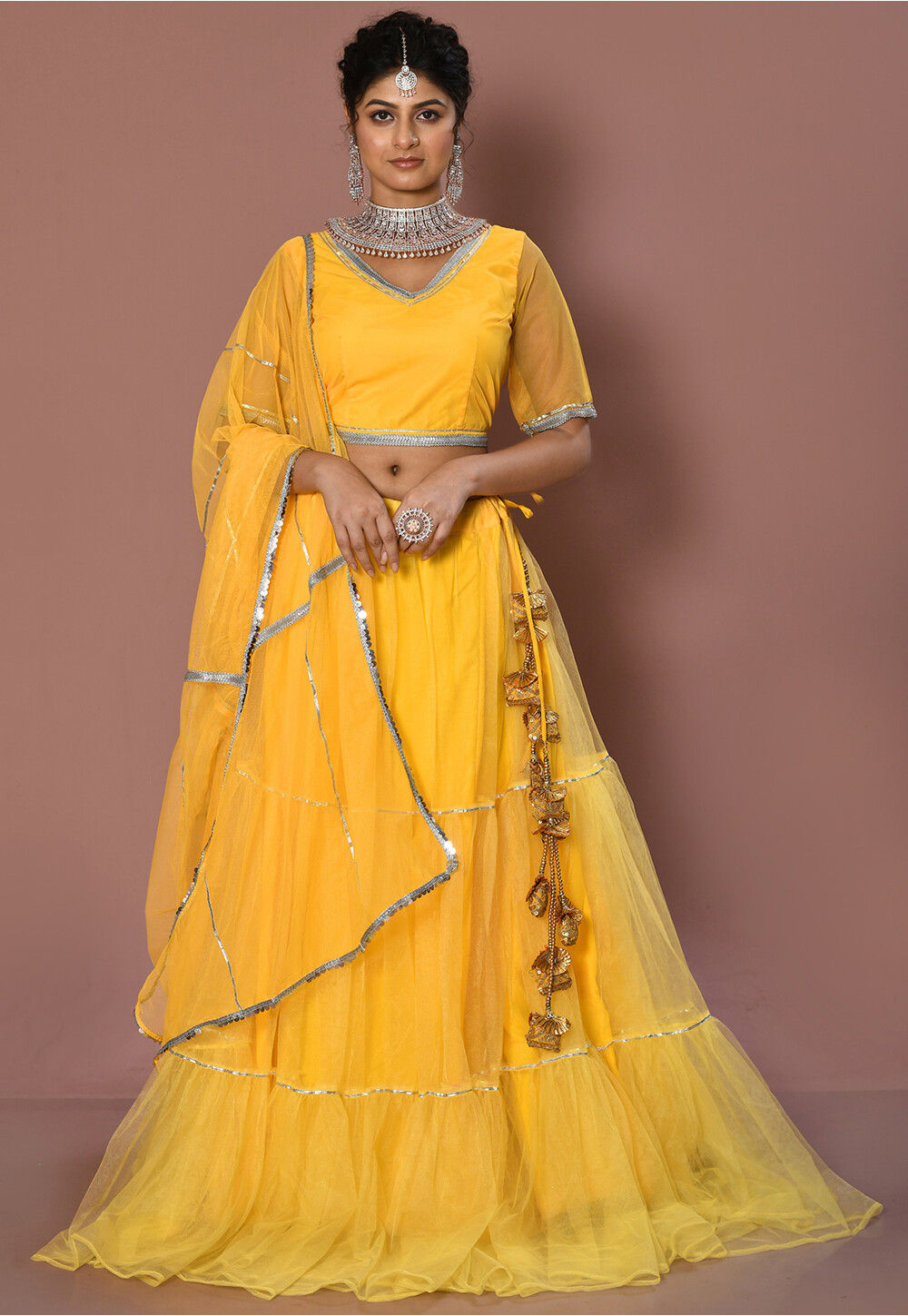 Yellow Embroidered Net Readymade Lehenga