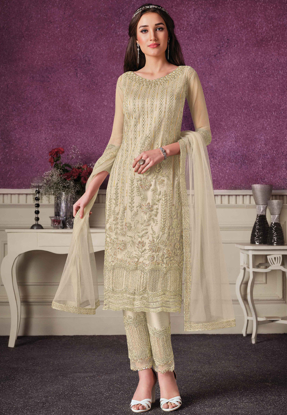 Buy Embroidered Net Pakistani Suit in Beige Online : KCH7712