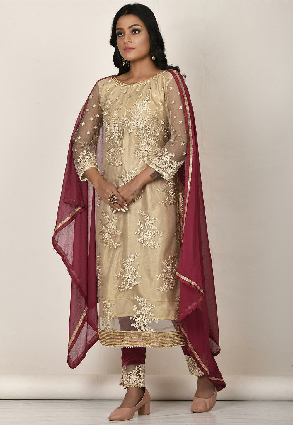 Beige Net Designer Fancy Pakistani Style Suit main image 1